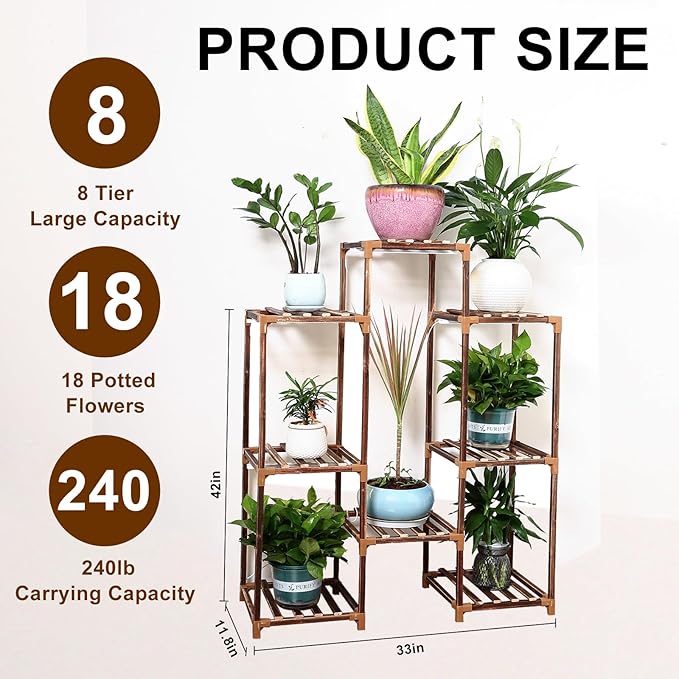 Plant Stand with Grow Light, Plant Shelf Indoor with Full Spectrum Led Grow Light, Timer Function and Brightness Adjustment, 8 Tiered Wood Plant Stand Indoor for Corner | Patio | Living Room