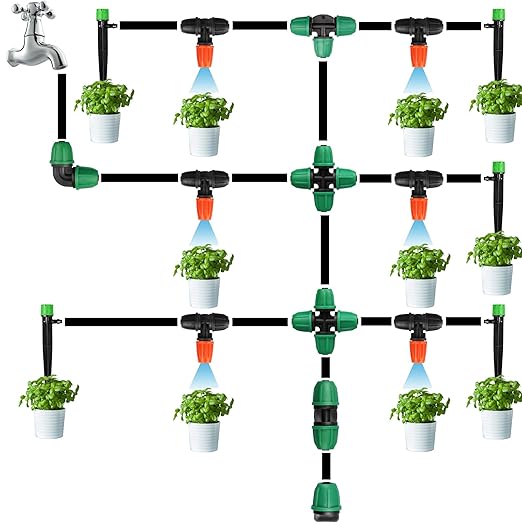 Upgraded 1/4" Drip Irrigation Fittings:50 Pieces Set-20 Couplings 15 Tees 10 Elbows 5 End Plugs, Leak Free Barbed Locked Nut Connectors for 1/4 Inch Irrigation Tubing