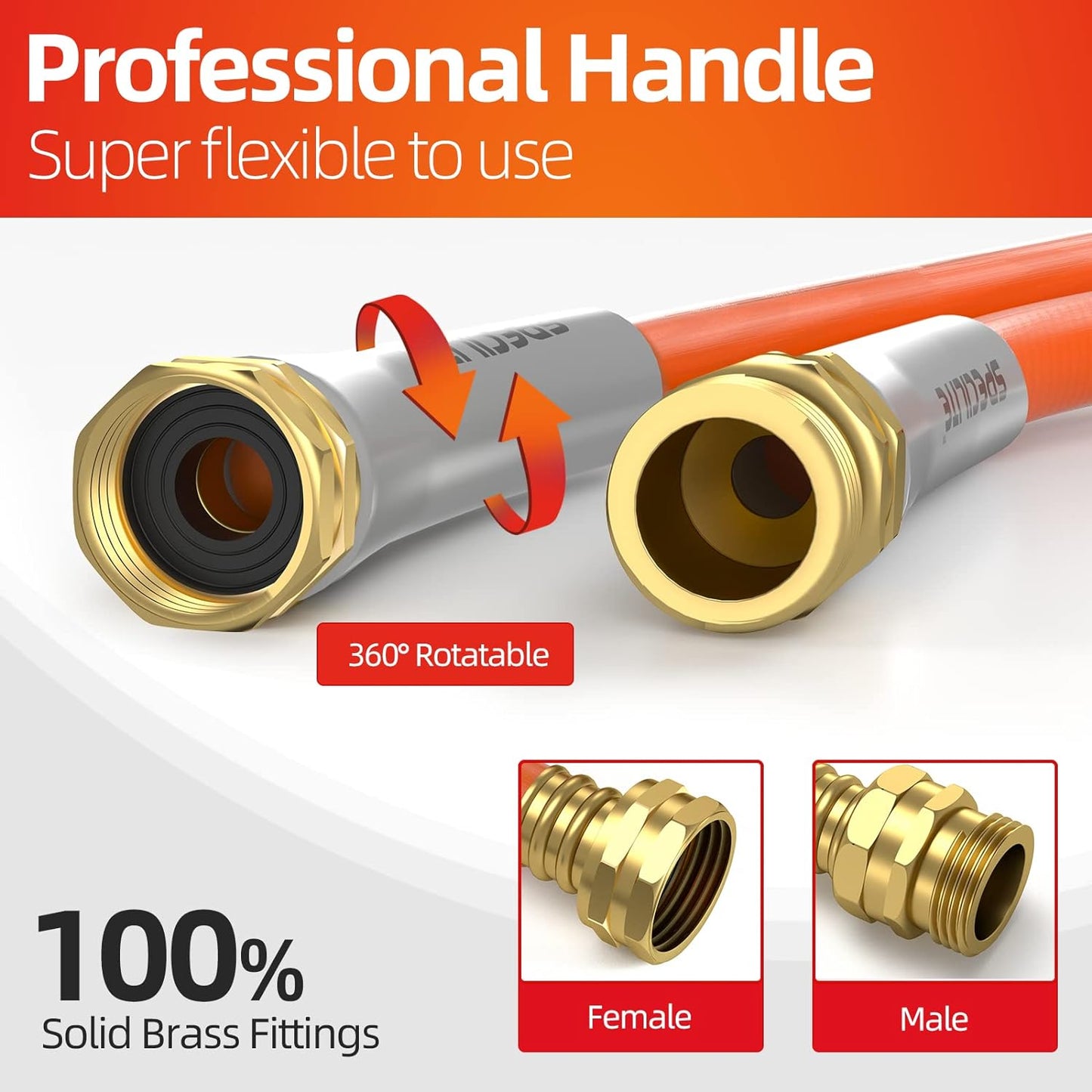 SPECILITE Garden Water Hose 75 ft x 5/8 in Heavy Duty, Flexible and Lightweight, Burst 600 psi, Kink-less Hybrid Rubber Pipe for Backyard, 3/4'' Brass Fittings, Orange
