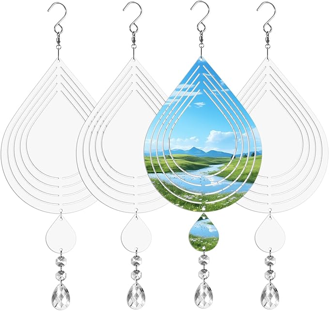 Sublimation Wind Spinner Blanks 8 Inch 4 Pack Wind Spinners Sublimation Blanks with Crystal Pendant Aluminum Metal Wind Spinners for Yard Garden Indoor Outdoor Window Porch Decoration(Waterdrop