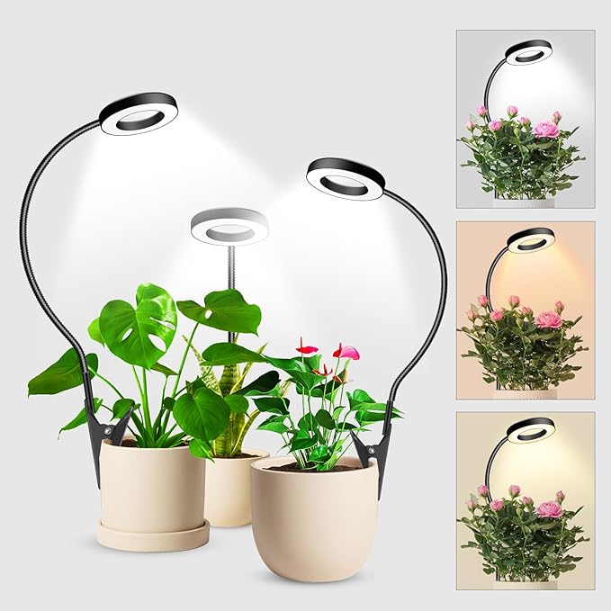 wolezek 2 in 1 Grow Lights for Indoor Plants, 3 Colors Plant Lights for Indoor Growing with 360ยฐ Gooseneck, 48 LEDs Full Spectrum Plant Grow Lights Indoor, 6/12/16H Timer, 5 Brightness, Black 3 Pack