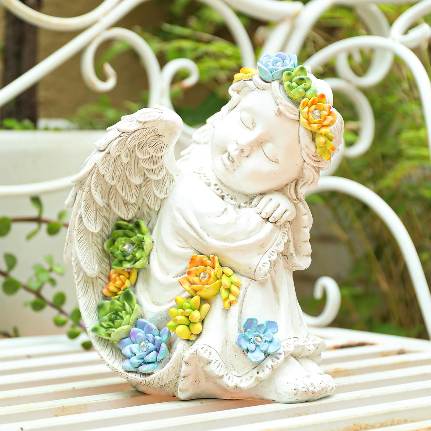 Solar Cherub Angel Outdoor Garden Decor Statues - 8 inches Angel Figurines Outdoor Sculptures with Succulent, Garden Statues for Outside, Patio, Balcony, Lawn Ornaments or Housewarming Gift