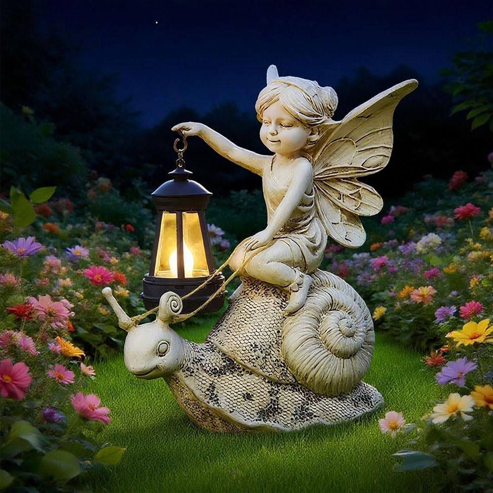 Solar Snail Statue Light, Outdoor Resin Solar Garden Sculpture, Fun Elf Riding Snail Fairy Tale Statue, Lawn, Patio Outdoor Unique Home Dcoration, Lady Gift!
