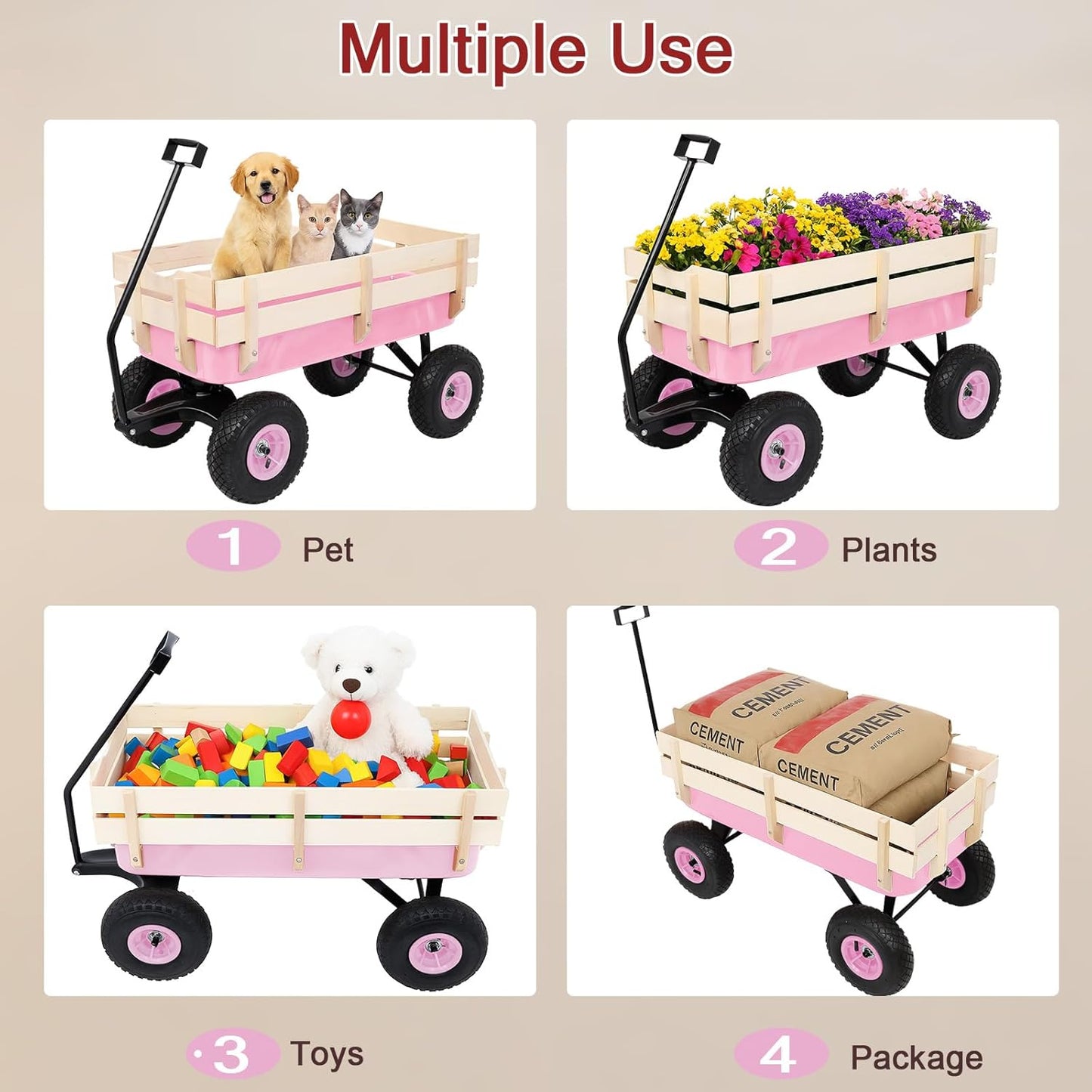 Outvita All-Terrain Cargo Wagon with 10'' Air Tires, Steel Structure Wagon with Removable Wooden Side Panels for Kids, Garden and Cargo, Up to 220lbs Capacity, 38'' L x 19'' W x 31'' H (Pink)