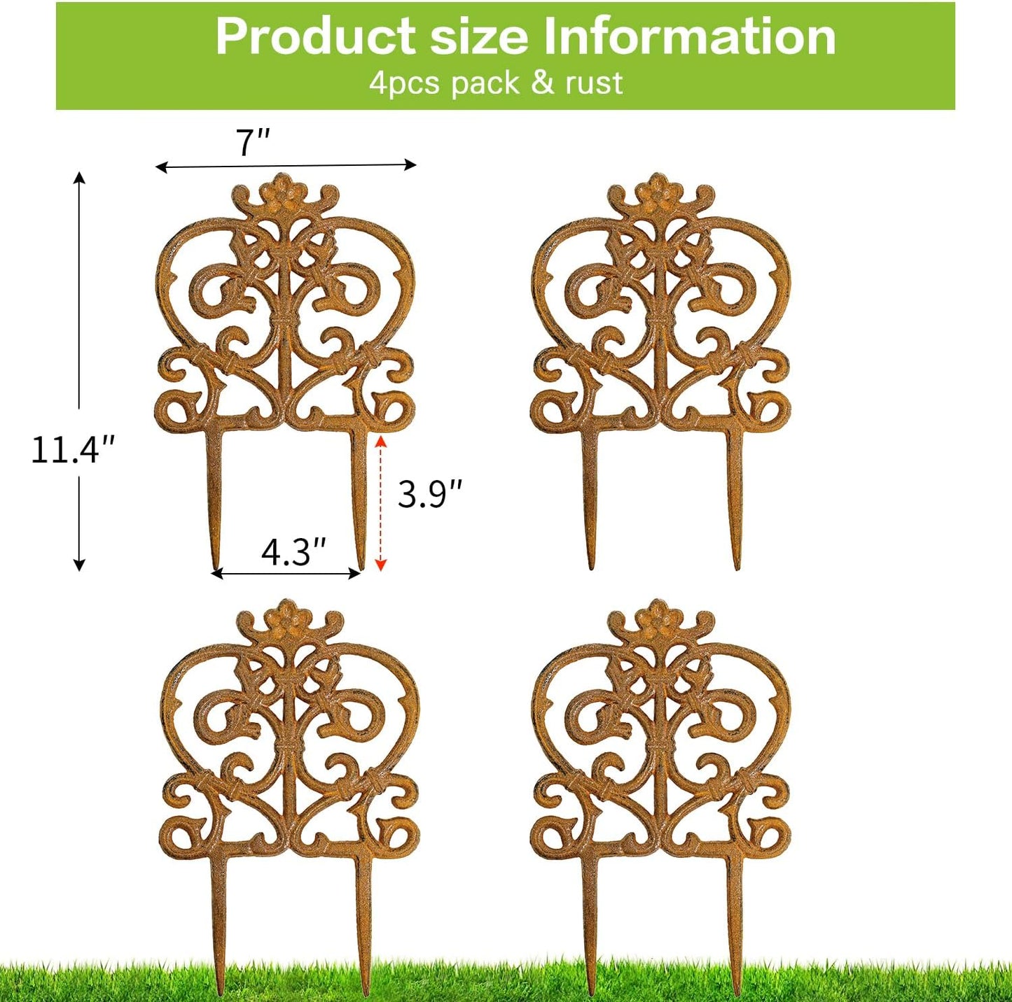 Sungmor Decorative Cast Iron Garden Edging, 4 Pack Full Rusted Victorian Garden Edging Landscape Border, Vintage Metal Yard Stake Low Picket Fence, 11.8" Tall Outdoor Flower Bed Lawn Fence Panels