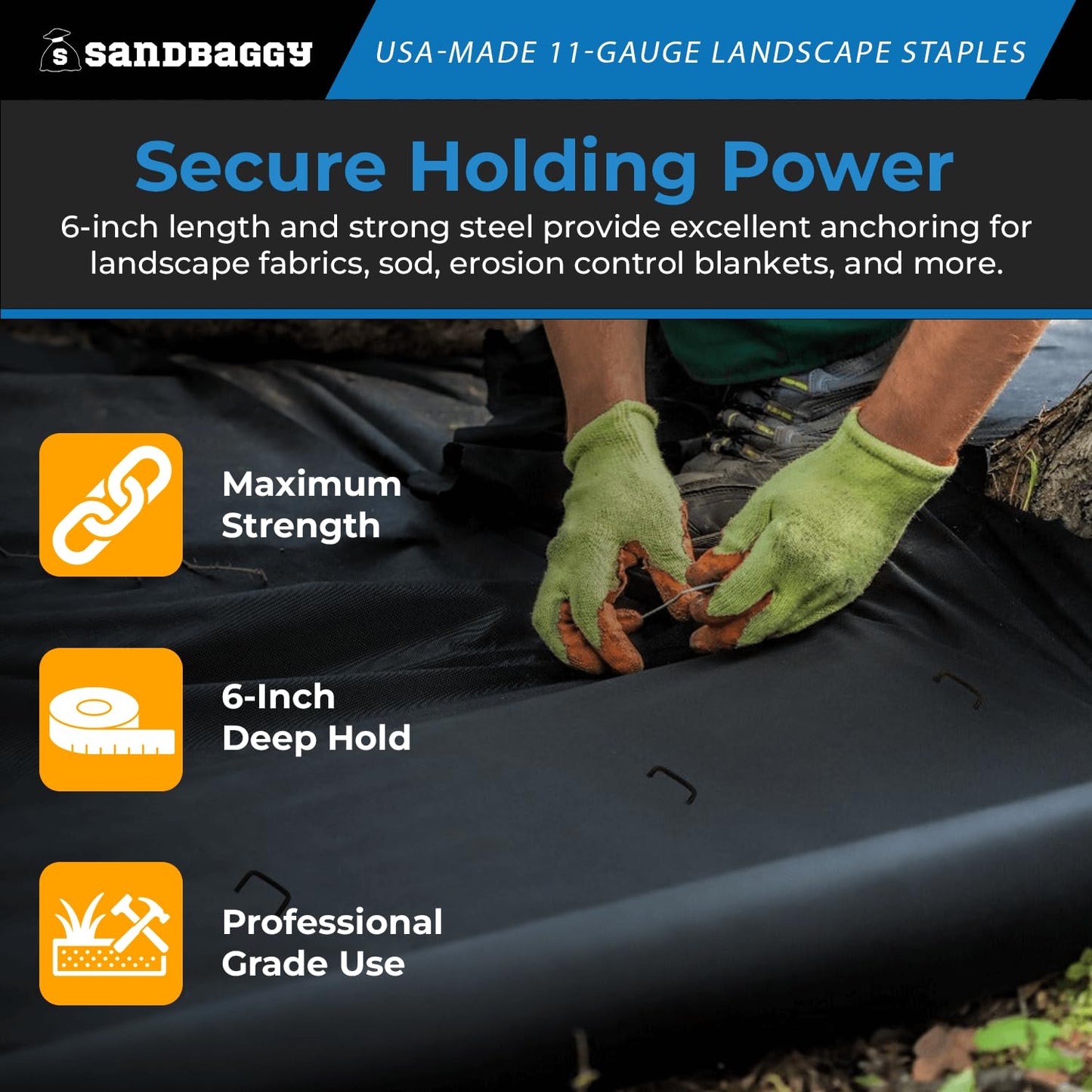 Sandbaggy USA Made 6-inch Landscape Staples - Garden Stakes - Landscaping Fabric, Netting, Sod, Artificial Turf (Standard, 2000)
