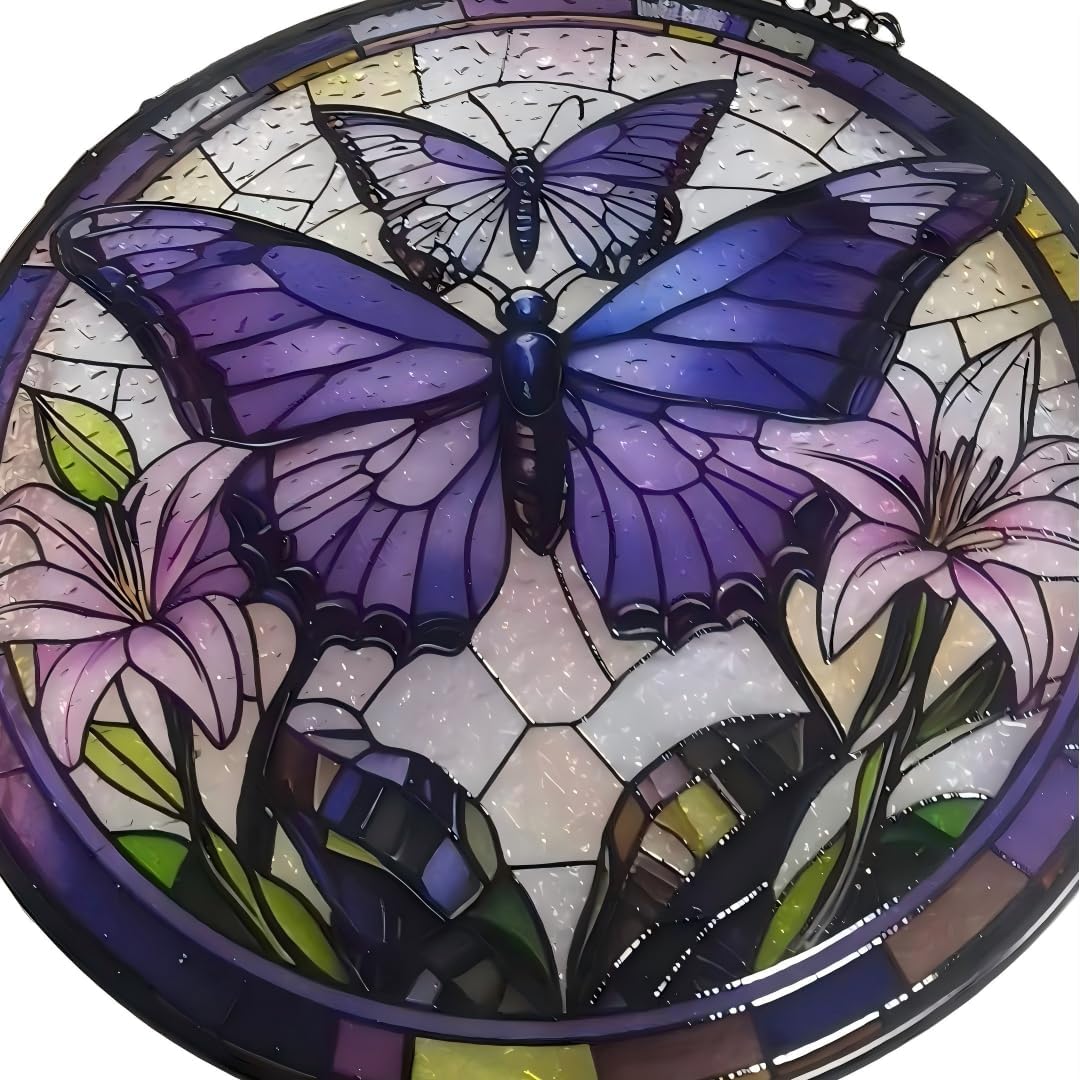 Butterfly Handmade Stained Glass Window Hanging Suncatcher with Chain - 7.9" Outdoor/Indoor Art Decor for Home Garden, Wedding, Mother's, Valentine's & Christmas Ornaments Present