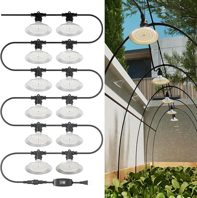12-Light Outdoor LED Grow Lights – Waterproof Full Spectrum Greenhouse Lights for Plants, 41FT Adjustable String Lights with 576 LEDs, E26 Base Bulbs, IP44 Waterproof for Garden, Farm, Yard