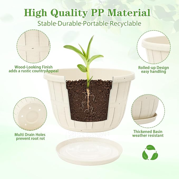 Quarut 14 Inch Plastic-Flower-Pot-for-Indoor-Plants, 4 Pack Large Outdoor Planter Pot with Drainage Holes & Saucers, Resin Decorative Garden Pots Planters(Beige)