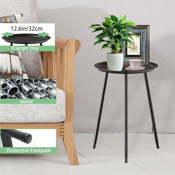 Plant Stand Table Indoor Outdoor Small,Round Side Table for Plants,Single Black Metal Plant Table,Corner Table for Plants Rack for Bedroom Patio Garden Balcon