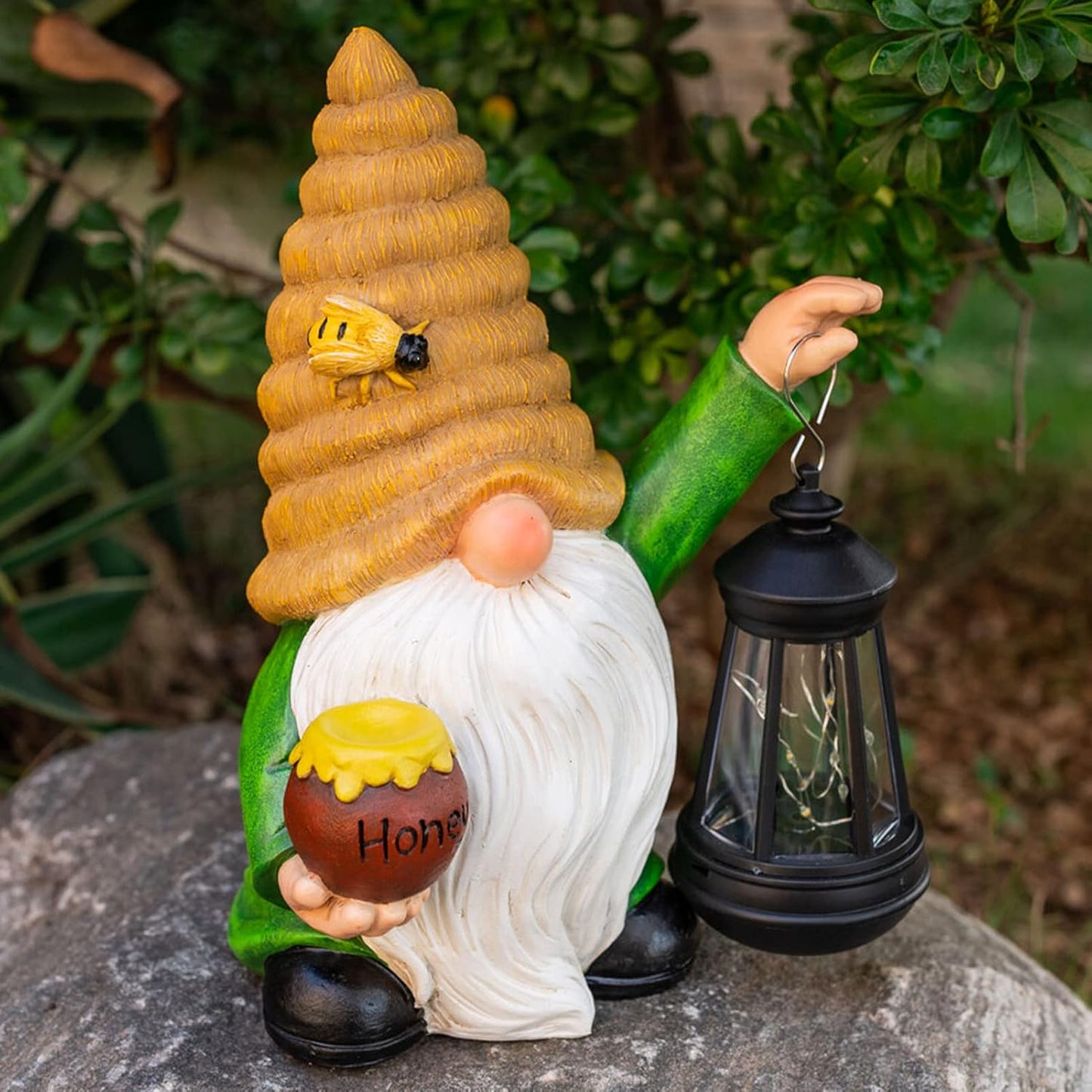 12.3''Solar Garden Gnomes Outdoor Decor Honey Bee jar Gnome Statues with LED Lantern Xmas Patio Lawn Yard Art Decoration Birthday Christmas Gardening Gifts for Mom Dad, Bee Gnome