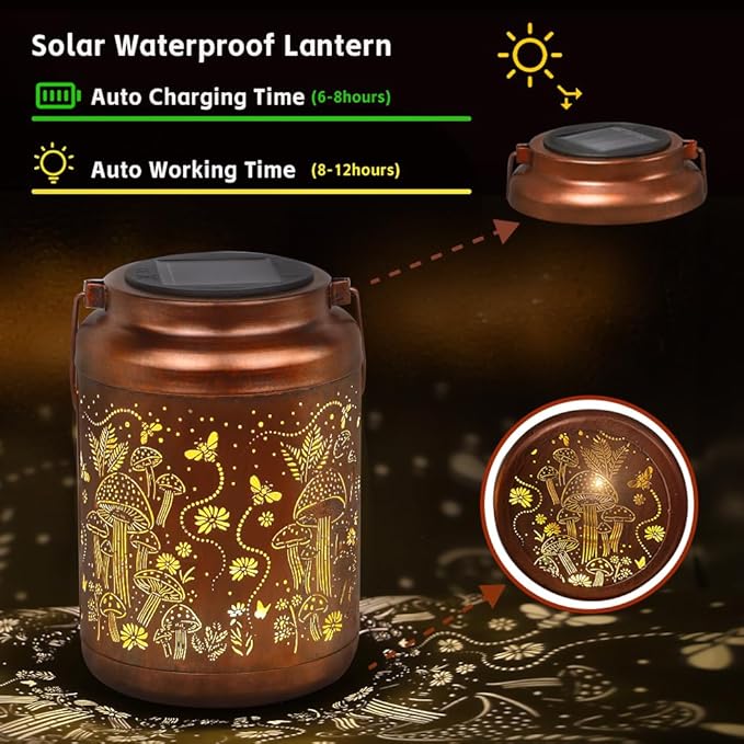 Mushroom Solar Lanterns Outdoor Waterproof Hanging Solar Lights Gifts for Women Mom Metal LED Decorative Lantern for Yard Patio Pathway,Porch,Landscape,Lawn Garden Decor for Outside