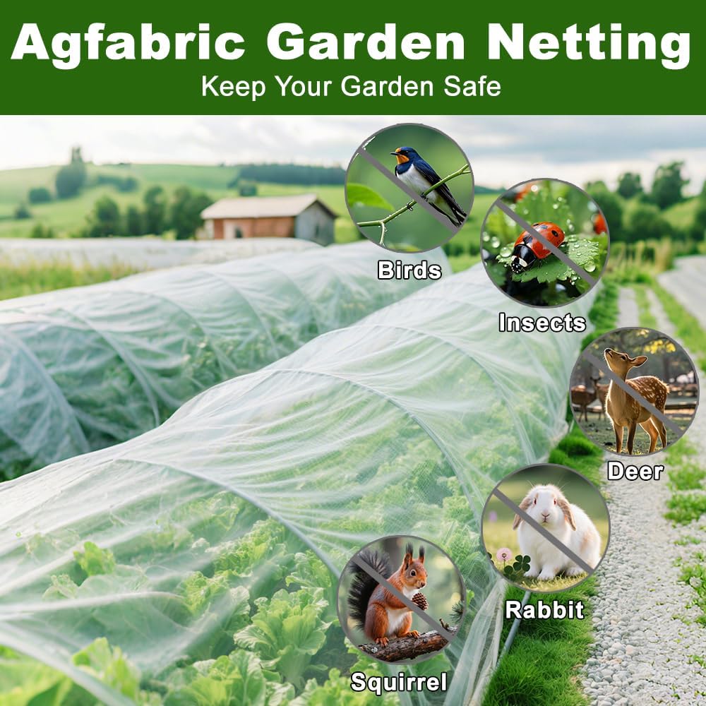 Agfabric Garden Netting 9.8X 49.2 FT Insect Pest Barrier Bird Netting for Garden Protection,Row Cover Mesh Netting for Vegetables Fruit Trees and Plants,White