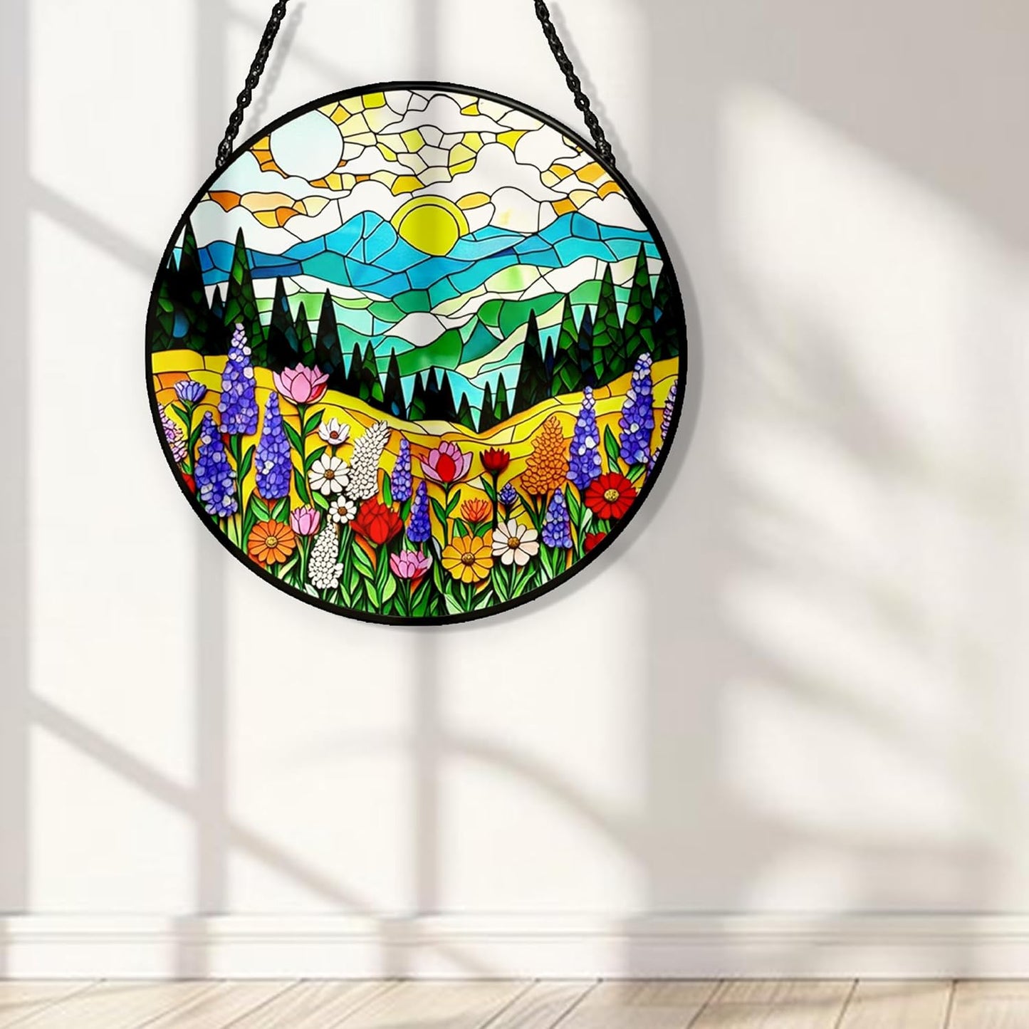 Mountain Wildflower Stained Glass Suncatcher - 3.5" Floral Window Hanging with Safe Iron Frame, Chain & Suction Cup - Botanical Art Decor Gift for Women, Plant Lovers, Mom, Housewarming