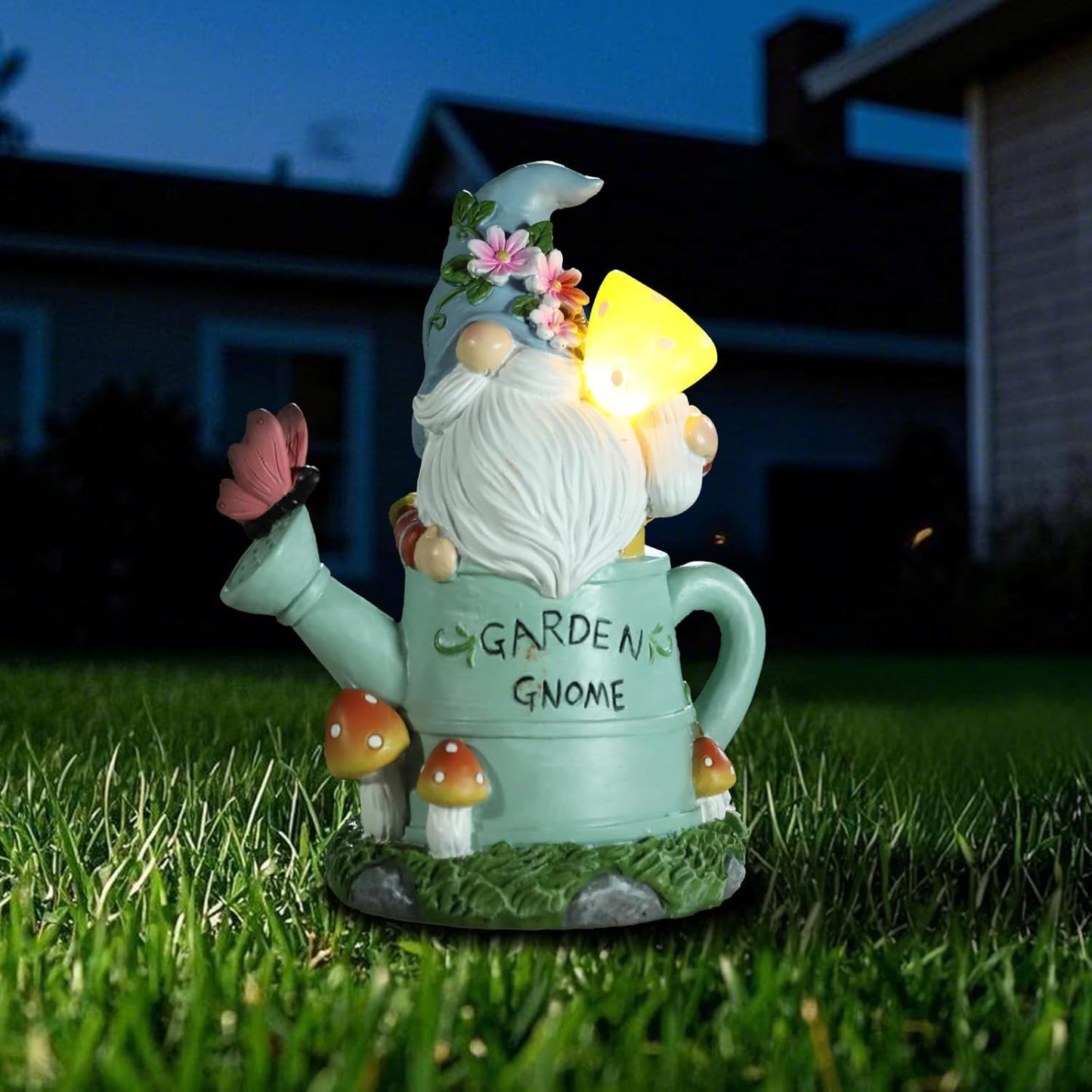 Garden Gnome Statue, Solar Powered Gnome Outdoor Decorations with Watering Can Shape - Resin Gnome Figurine with Mushroom Solar Lights for Porch Patio Lawn Yard Art Decor, Gift for Mom