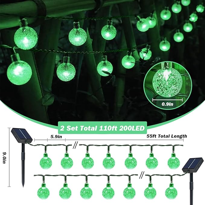 Solar Lights Outdoor Waterproof, 2 Pack Total 200LED 110FT Solar String Lights for Outside w/ 8 Modes, Outdoor String Lights Crystal Globe Patio Lights for Garden Yard Party Decor(Green)