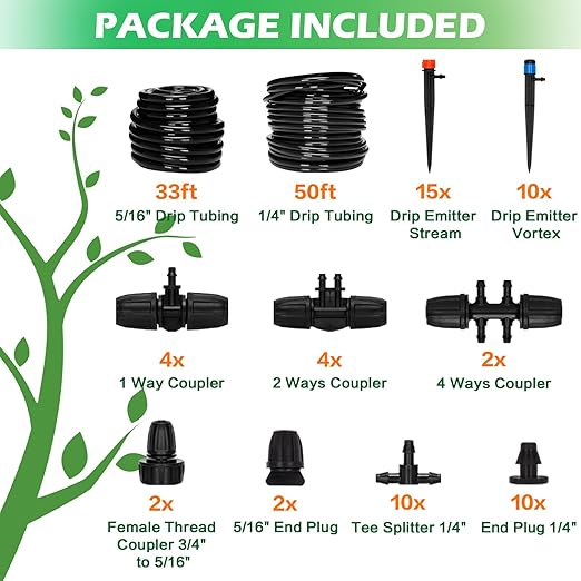 Drip Irrigation System:83FT Adjustable Irrigation Watering System for Garden Bed Greenhouse-Complete Drip Irrigation Kit with Mainline 1/4" Distribution Tubing Drip Emitters and Connectors