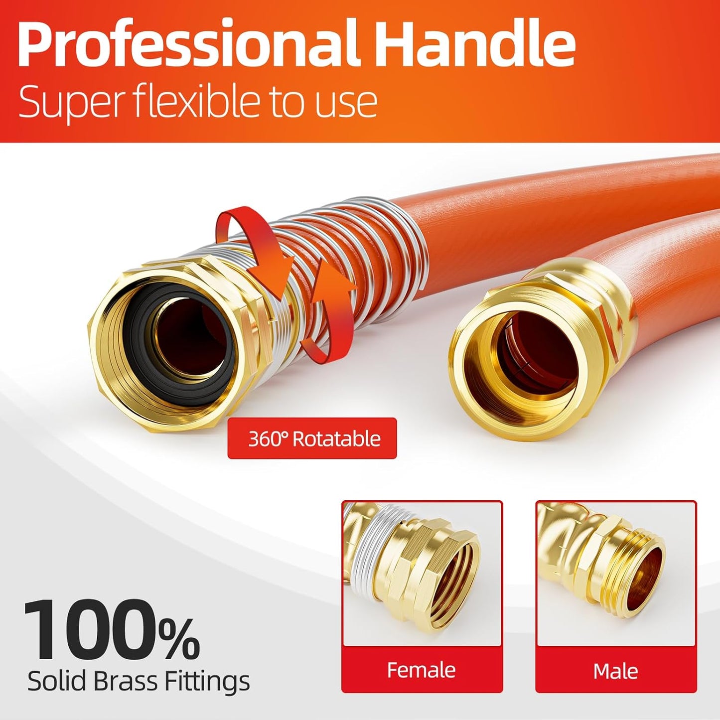 SPECILITE Garden Water Hose 200 ft x 3/4 in Heavy Duty, Flexible and Lightweight, Burst 600 psi, Kink-less Hybrid Rubber Pipe for Backyard, 3/4'' Brass Fittings, Orange