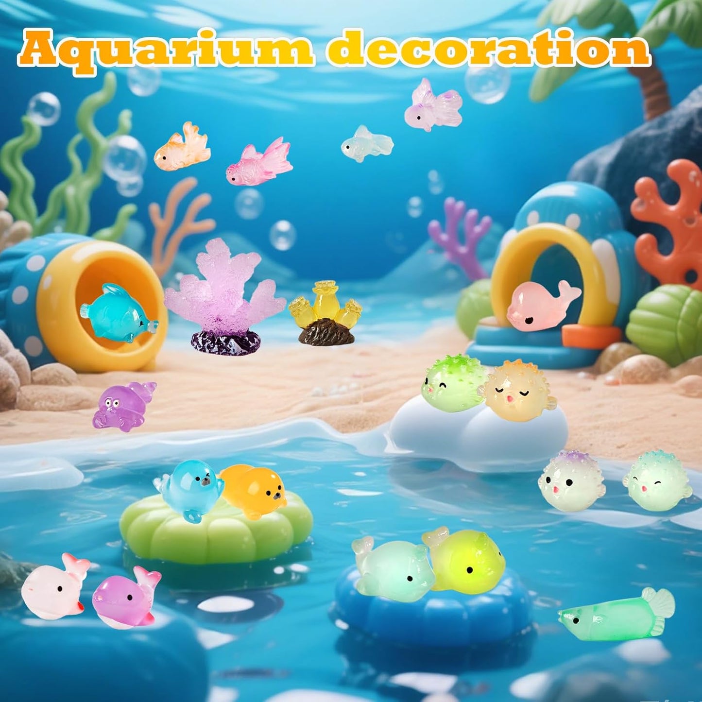 Luminous Mini Resin Ocean Animals Tiny Resin Sea Animal Tiny Turtle Octopus Dolphin Shark Miniature Figurines for Fish Tank Decorations, Glow in The Dark for Garden Miniatures Accessories 50 pcs