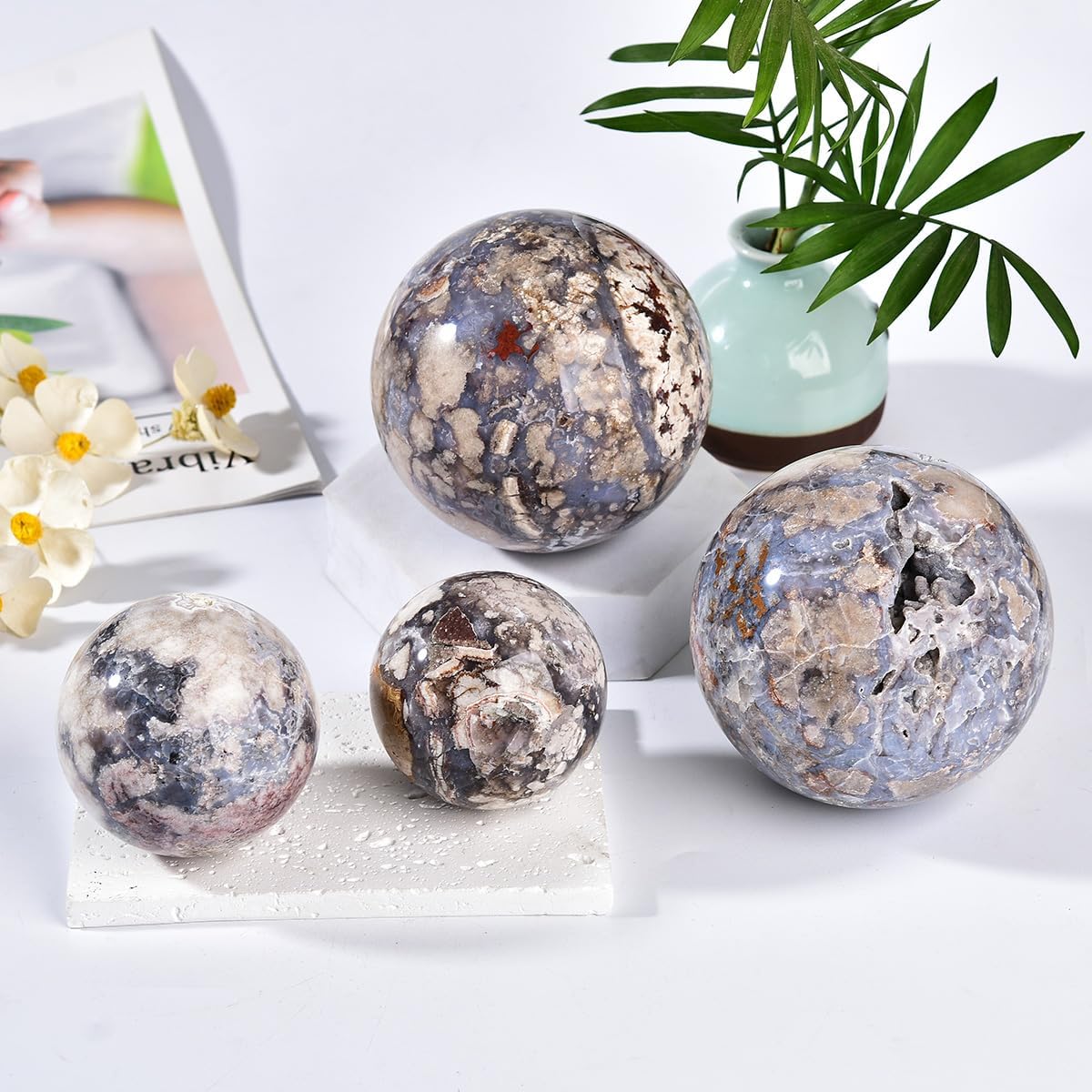 JIC Gem Large Blue Cherry Blossom Agate Crystal Ball with Stand Crystal Sphere Natural Sakura Flower Agate Stone Reiki Healing Meditation Witchcraft Home Decor 3.5-4 inch(90-100mm)