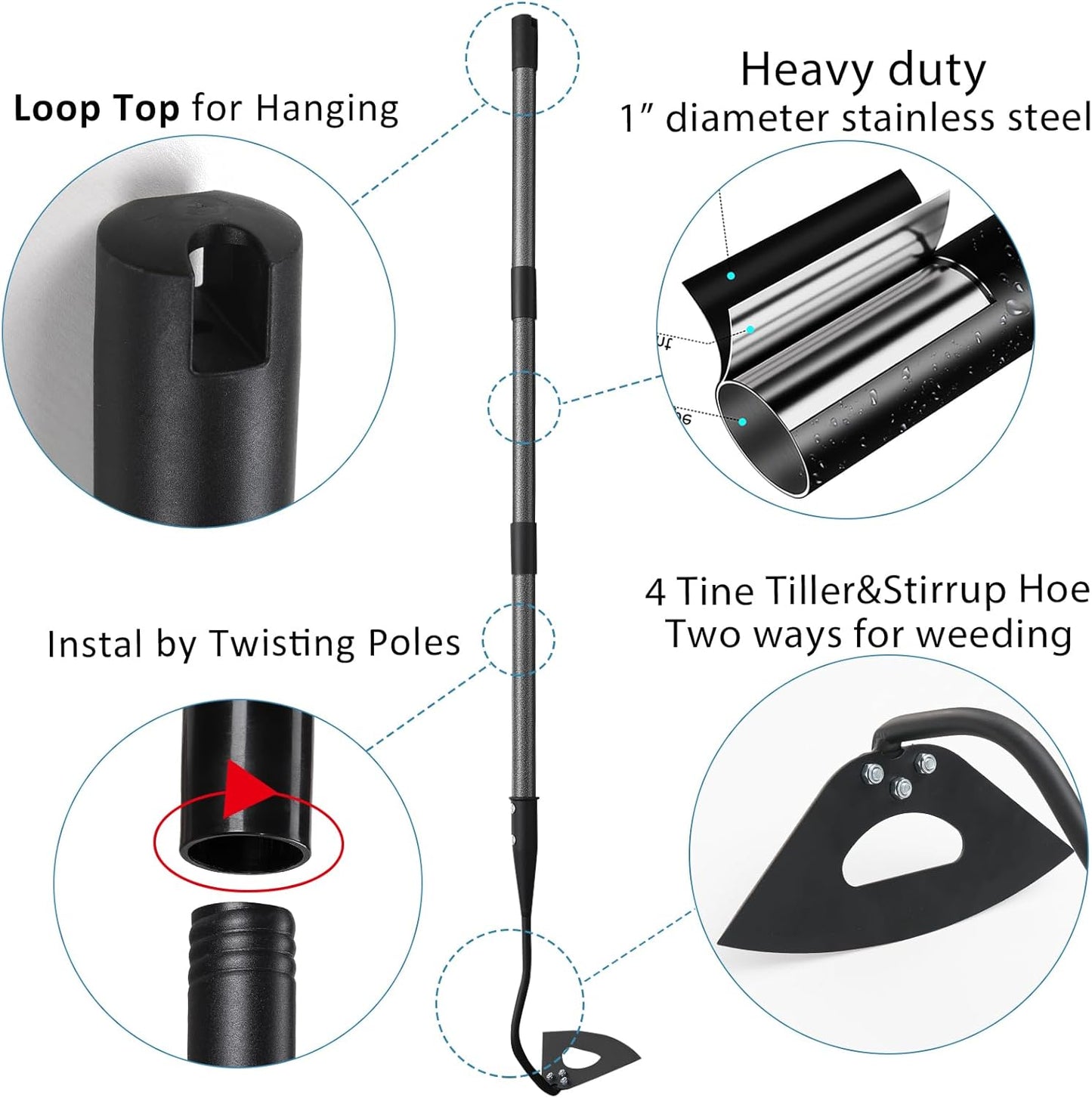 Garden Hoe for Weeding Tool, Heavy Duty Dutch Weeding Hoe Gardening Hand Hoe for Women Kids Men, Metal Garden Weeder Rake Weed Puller for Lawn Long Handle 30-55 inch