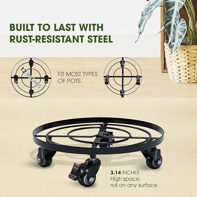 2pack Metal Plant Caddy with Wheels Heavy Duty, 180 Lbs Capacity, 14 Inch, Plant Stand with 360° Lockable Wheels for Plant Pots, Heavy Objects Hauling