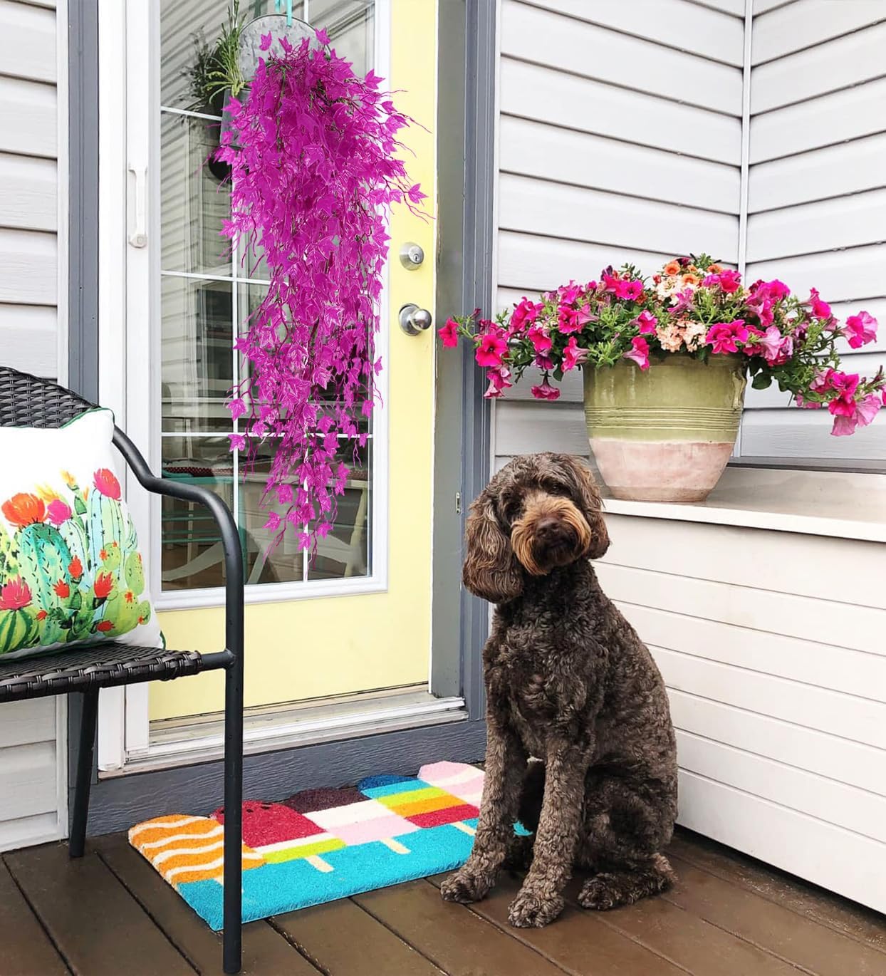 RECUTMS Fake Hanging Plants Artificial Ivy Leaf Faux Vine Plants Outdoor Artificial Hanging Plants Fake Plant Wall Decor Indoor UV Resistant Plants Home Room Decoration(Pure Fuchsia)