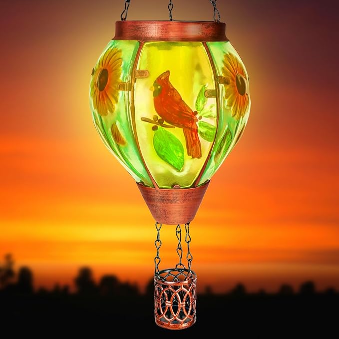 Solar Hot Air Balloon Lantern with Flame, Cardinal Glass Solar Hanging Lights Outdoor Yard Patio Farmhouse Decoration, Cardinal Gifts for Women Grandma Mom - Cardinal
