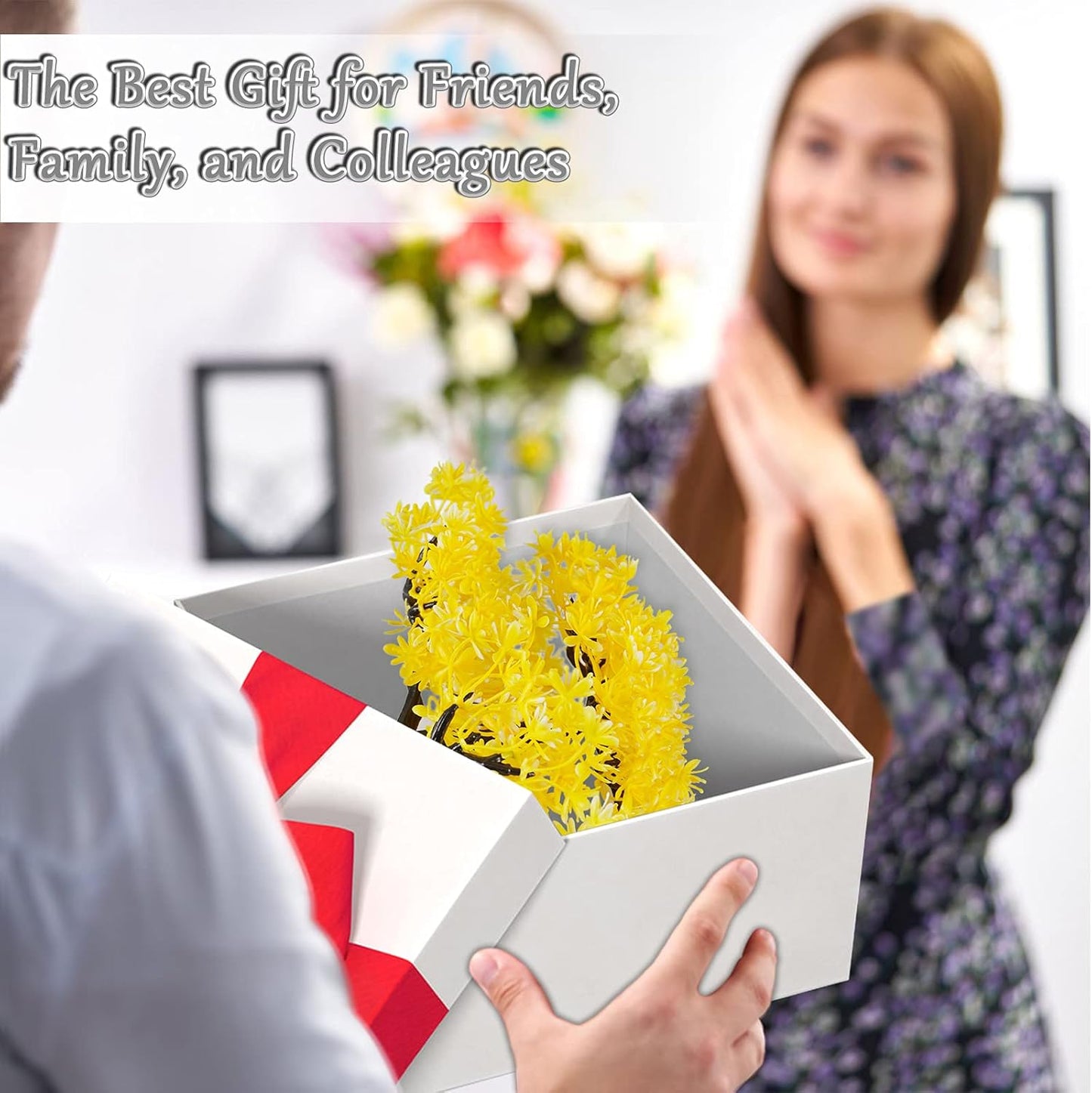 Mini Artificial Bonsai Tree Plants with Plastic Cement Pots for Home Office Décor (Yellow)