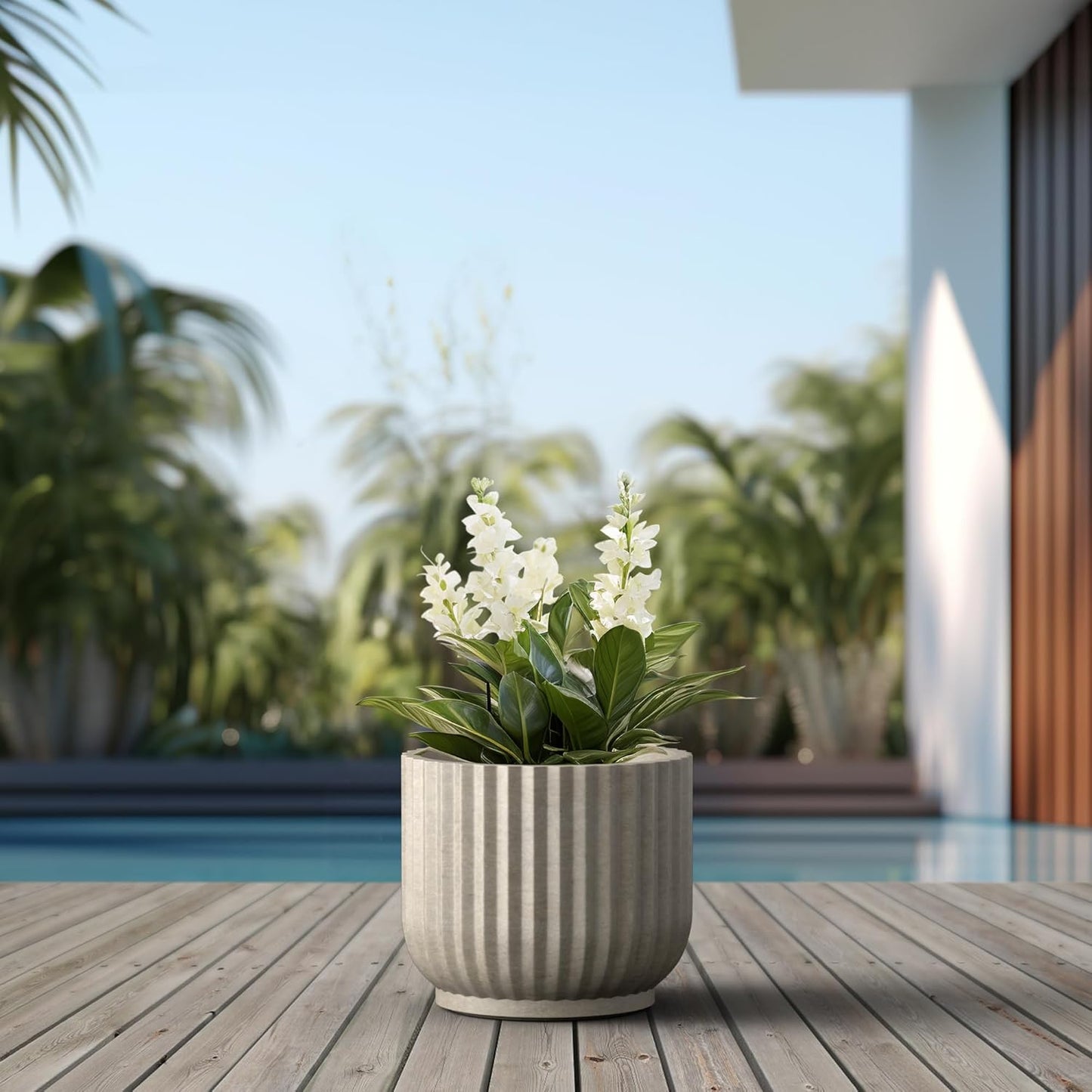 Kante Round Fulted Planter, 14 Inch Dia Large Concrete Plant Pots with Drainage Hole and Rubber Plug, Modern Decor for Indoor Outdoor Plants, Flower, Weathered Concrete