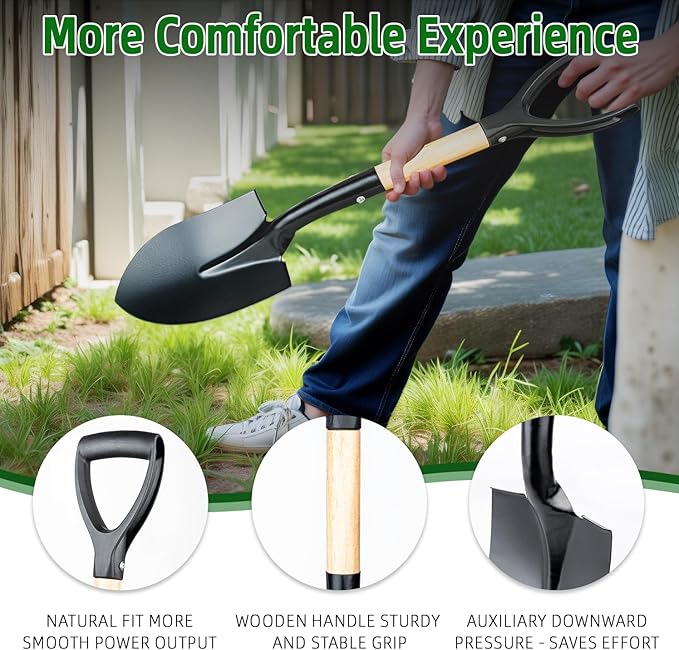 26-inch Small Square Sand and Soil Digging Pointed Shovel with D-Shaped Handle, Vehicle-Mounted Metal Camping Iron Spade, Garden Shovel, Gardening Tools with Wooden Handles (Small Pointed Shovel)
