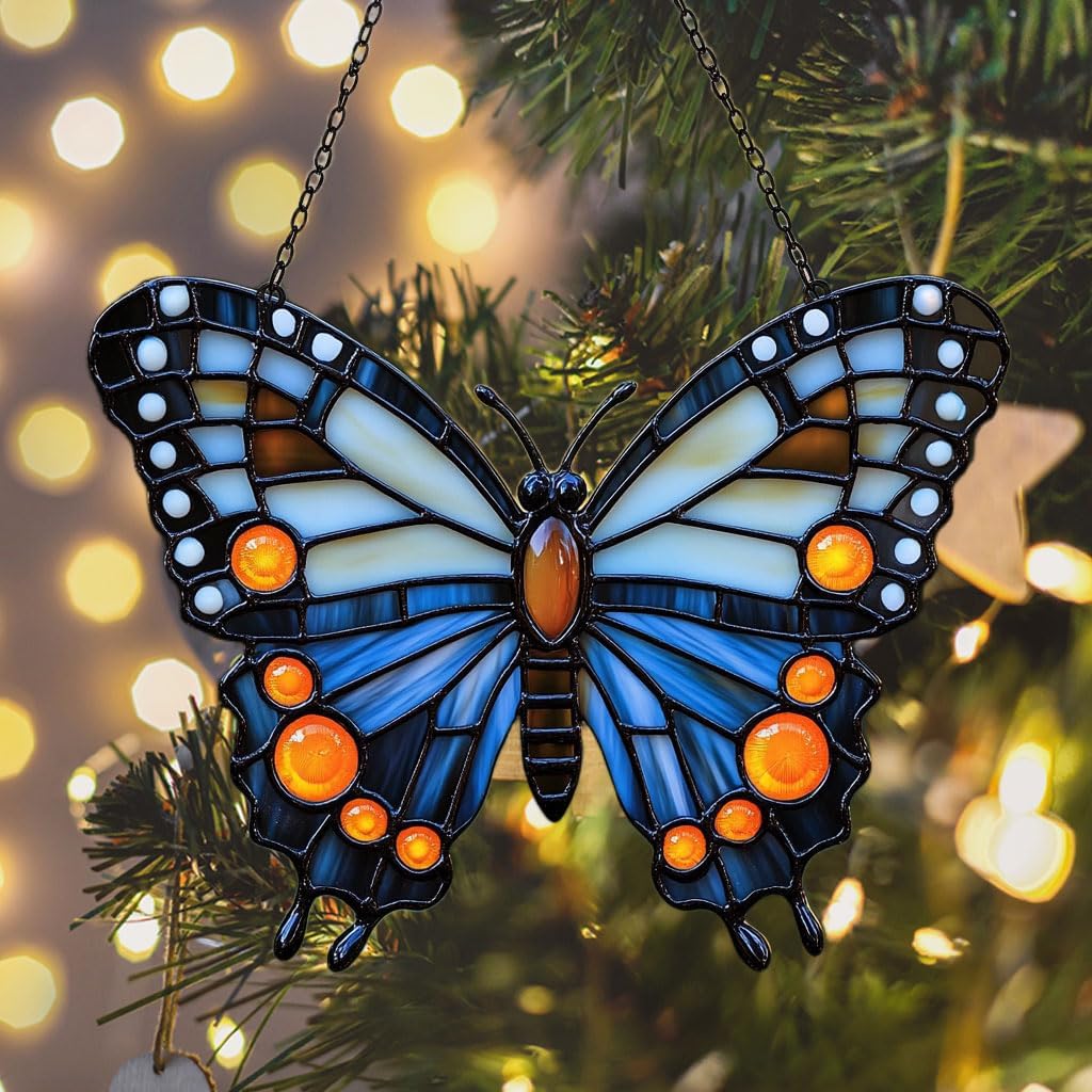 Night Monarch Butterfly Acrylic Suncatcher Stained Glass Effect Window Car Hanging Christmas Ornament Indoor Outdoor Decor Garden Sun Catcher Panel for Butterfly Lover for Women Mom Grandma