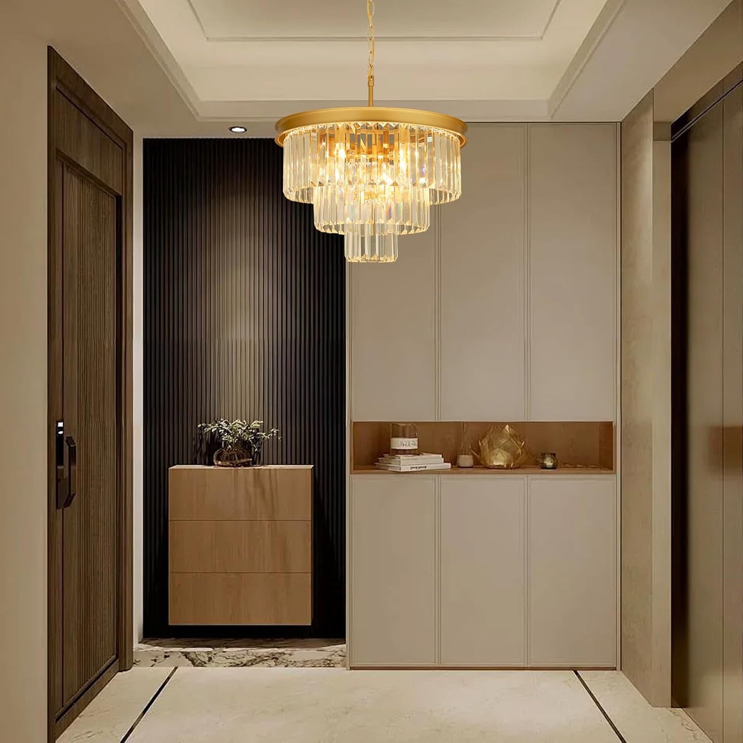 Crystal Chandeliers for Dining Room Lights Fixtures, 9 Lights Gold Modern Chandeliers for Bedroom, 3-Tier Round Crystal Lighting Fixtures for Living Room Entryway Kitchen Island D20 Inch