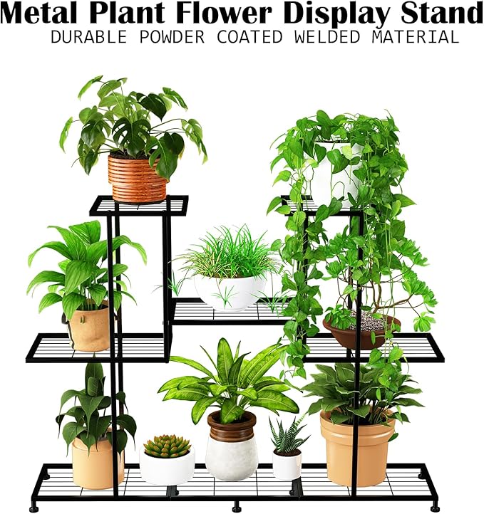Metal Plant Stand, 5 Tiers Multifunctional Plant Stands for Indoor Plants, Decorative Black Steel Plant Shelf for Indoor Patio Garden Balcony and Yard (4 tiers 12 pots)