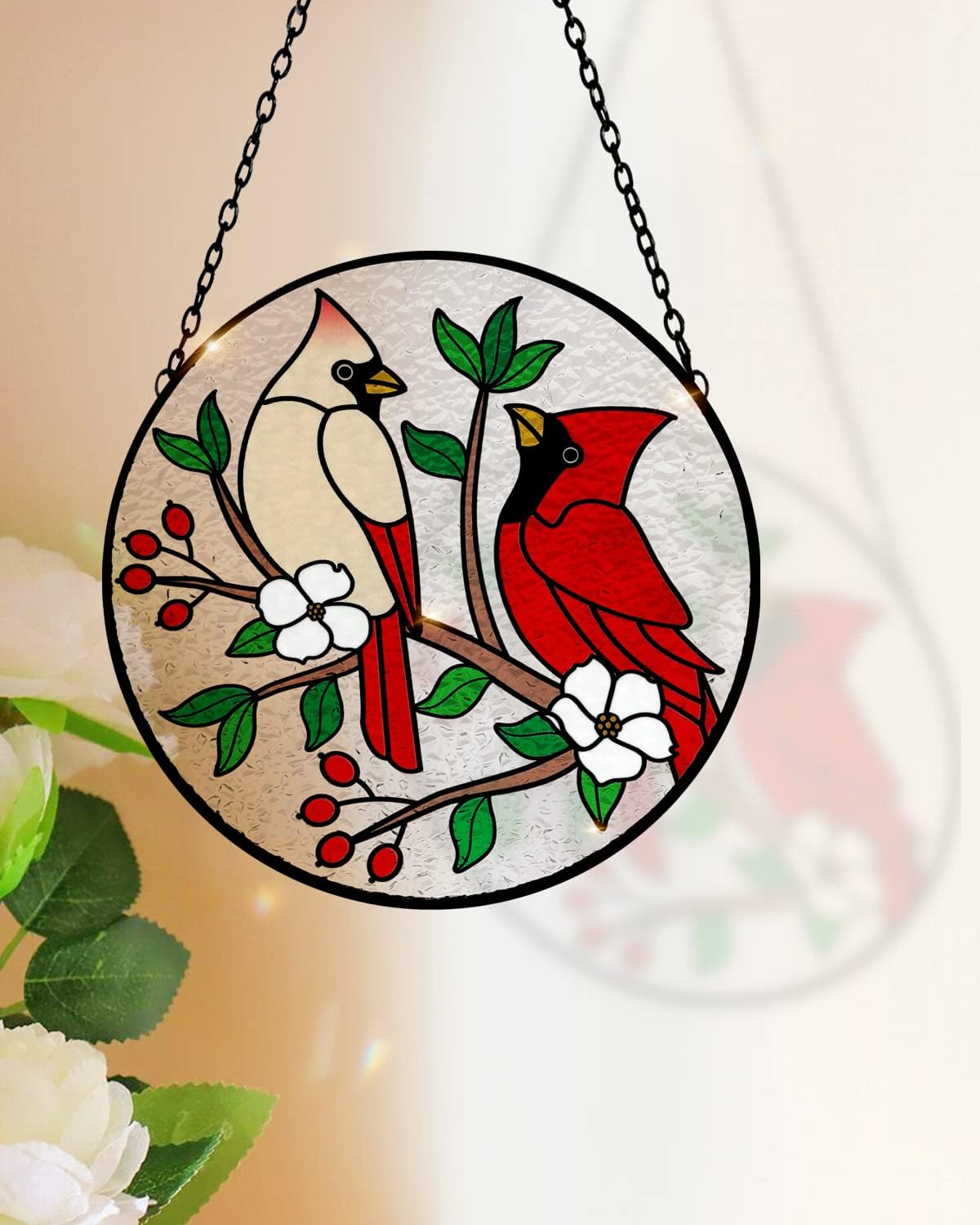 Tuitessine Cardinal Stained Glass Suncatcher - Red Bird Sun Catcher - Hand-Painted Glass Panel - Decor for Window - Christmas & Birthday Gift for Grandma & Birds Lover - 6.3x6.3