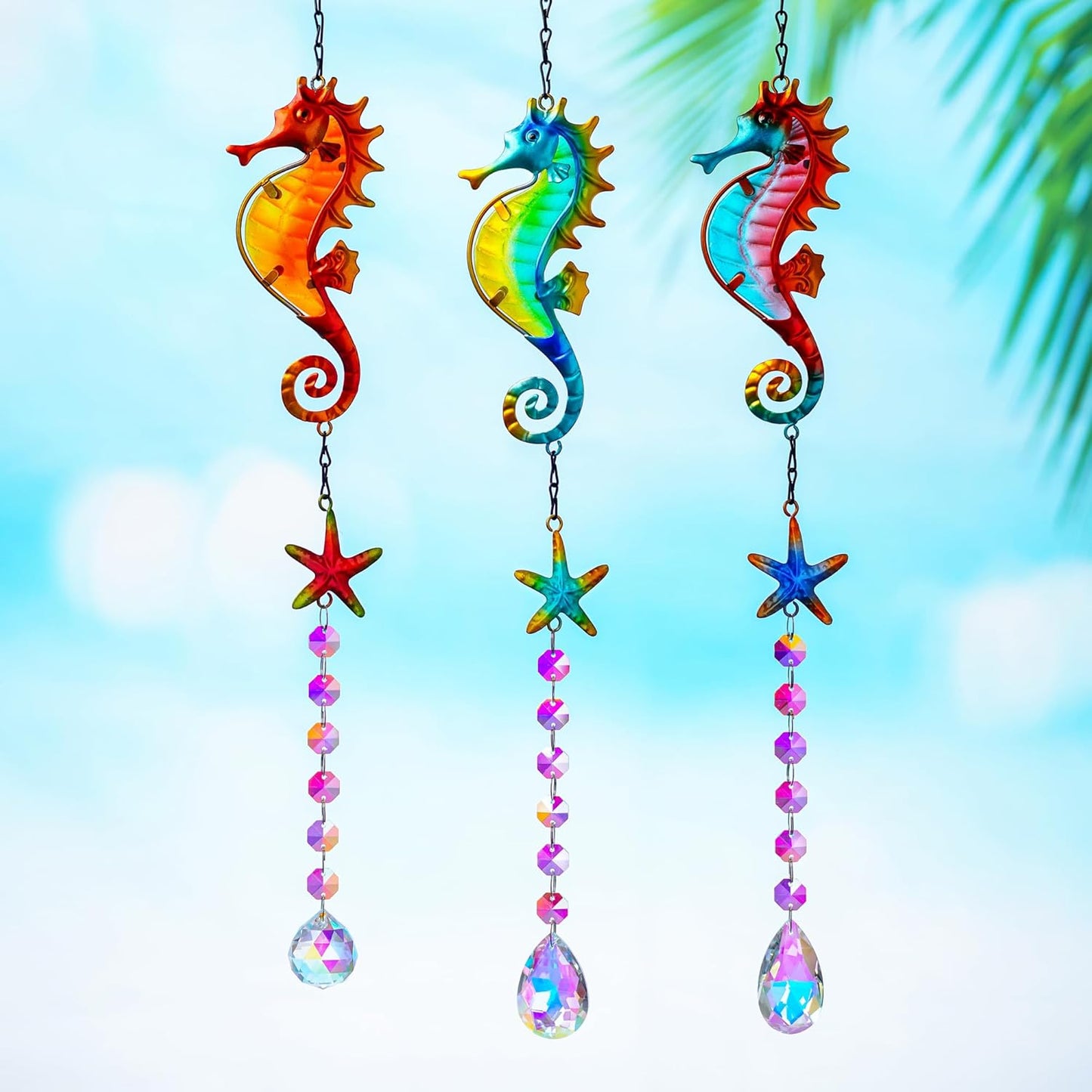 3PCS Metal Seahorse & Starfish Hanging Sun Catchers with Crystals, Colorful Crystal Prisms Stained Glass Suncatcher, Rainbow Maker Pendant Indoor Outdoor Patio Fence Decor