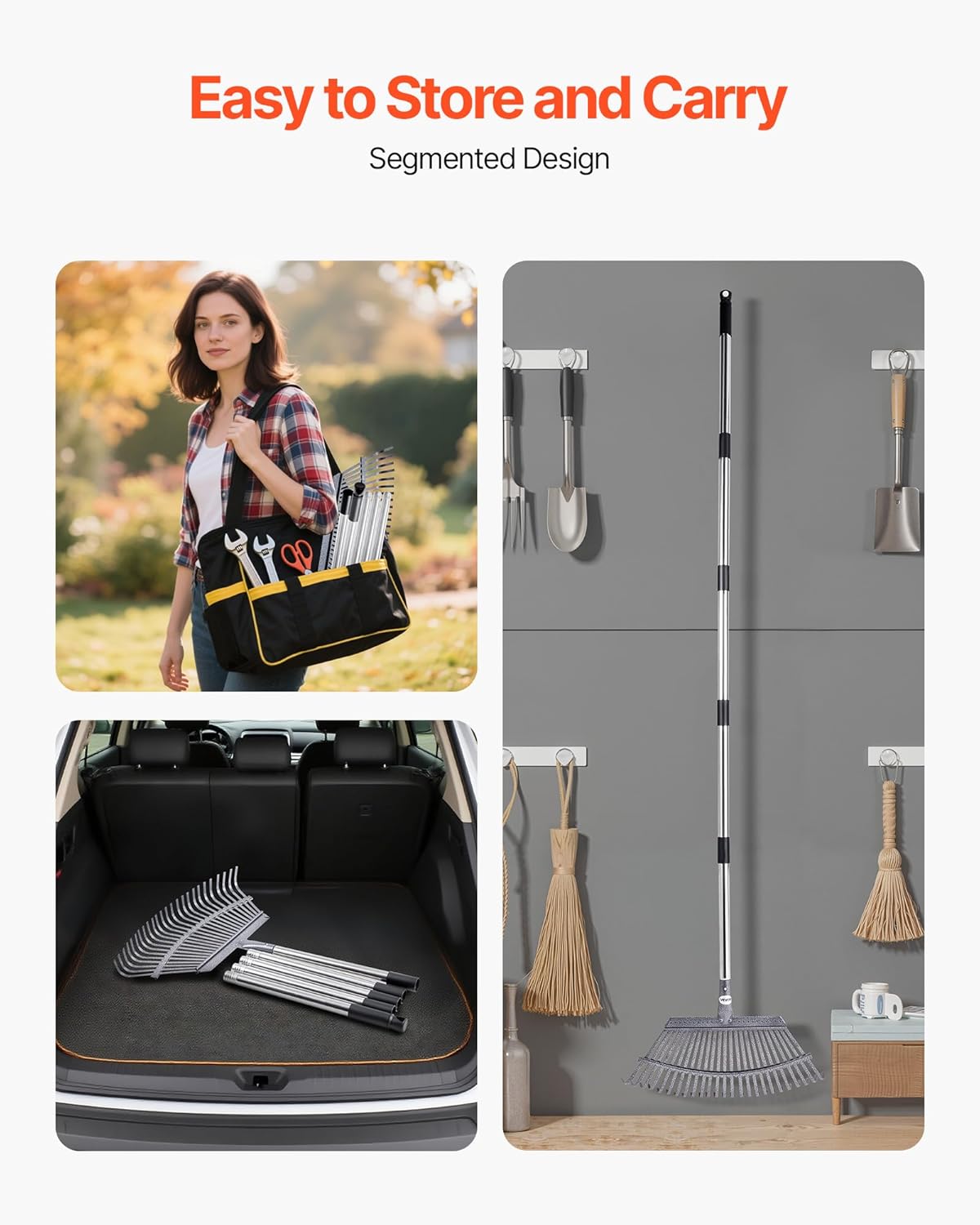 VEVOR Leaf Rake, 25 Metal Tines, Adjustable Garden Rake for Lawns with 18.3 Inch Wide Head & 36.4-72.8 Inch Long Handle, Heavy Duty Stainless Steel Small Leaves Tool for Gardening Camping Yard Grass