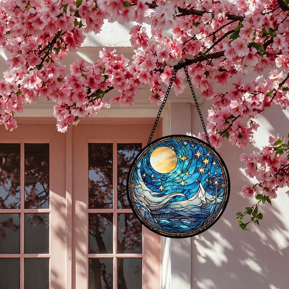 Moonlight Stained Glass Window Hanging, Stars Suncatcher Panel for Indoor Outdoor Decor, Lunar Night Glass Ornament for Wall, Balcony, Porch Decor, Hanging Ornament Gifts for Birthday Housewarming