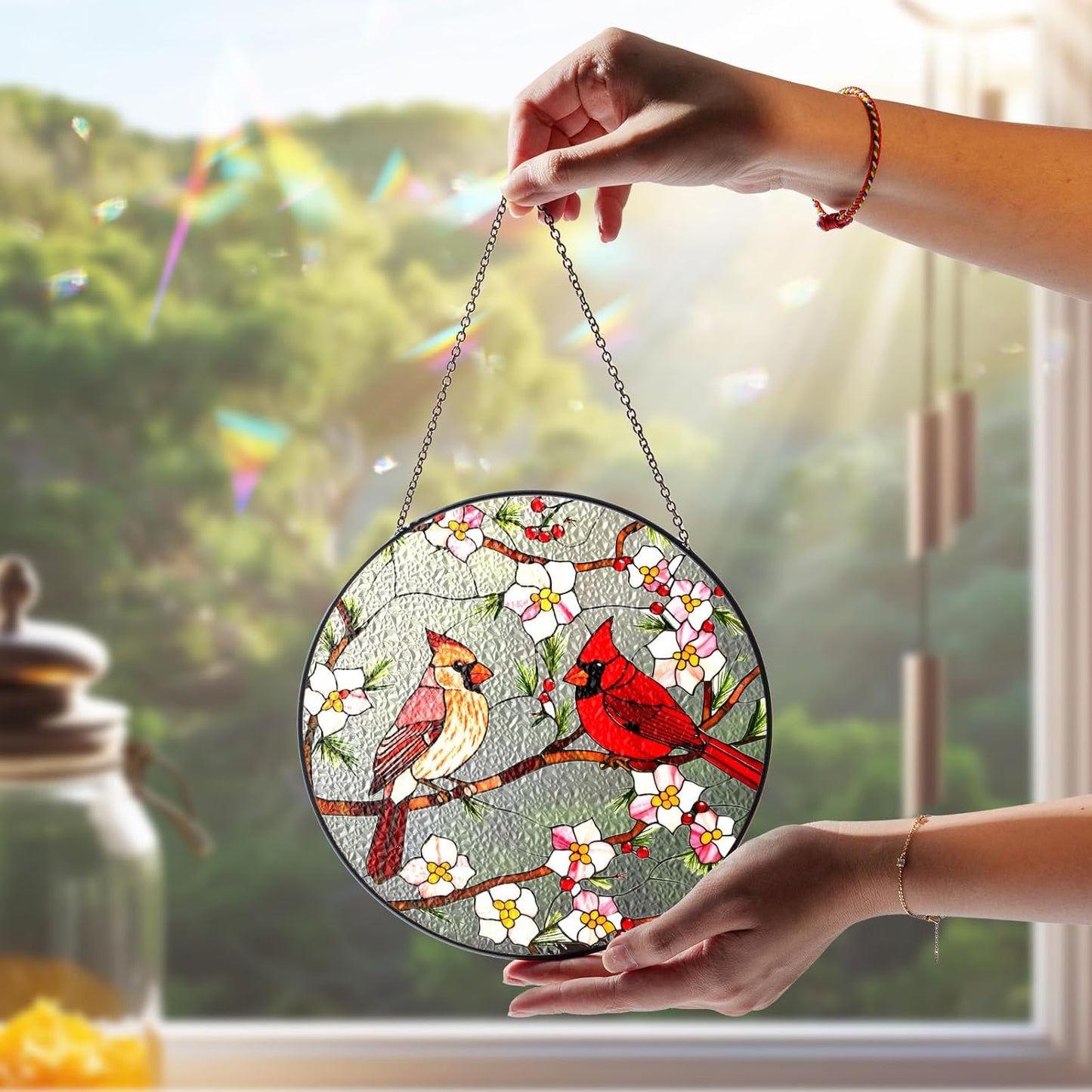 7.8" Cardinal Bird Stained Glass Suncatchers Art Glass Birds and Flowers for Sun Catcher Indoor Window Gifts for Women Mom Grandma Nature Floral Lovers Friend Handcrafted Hanging Décor