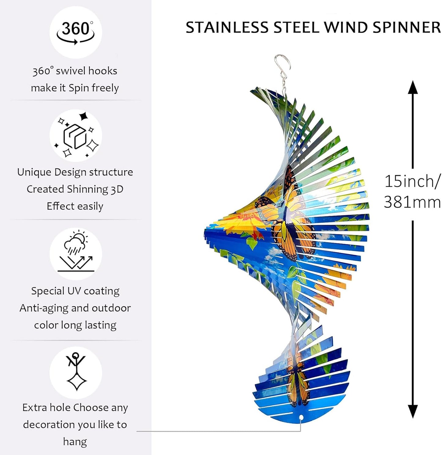 15In 3D Butterfly Wind Spinner - Creates Fluttering Effect, Outdoor & Indoor Hanging Garden Decor, Kinetic Yard Art Ornament - Gift for Women/Mother/Father/Men