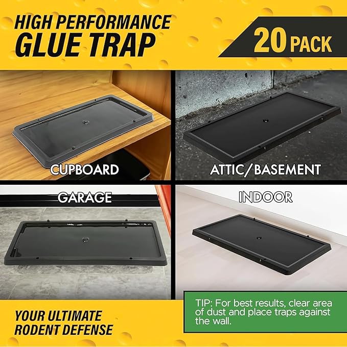 Glue Traps for Mice,Rat,Mouse,Snake,Lizard,Insect. 20 Pack. Extra Strength,Pre-Baited Adhesive.Heavy Duty Plastic Tray.Non-Toxic,Chemical-Free Pest Control for Home. 20Pack