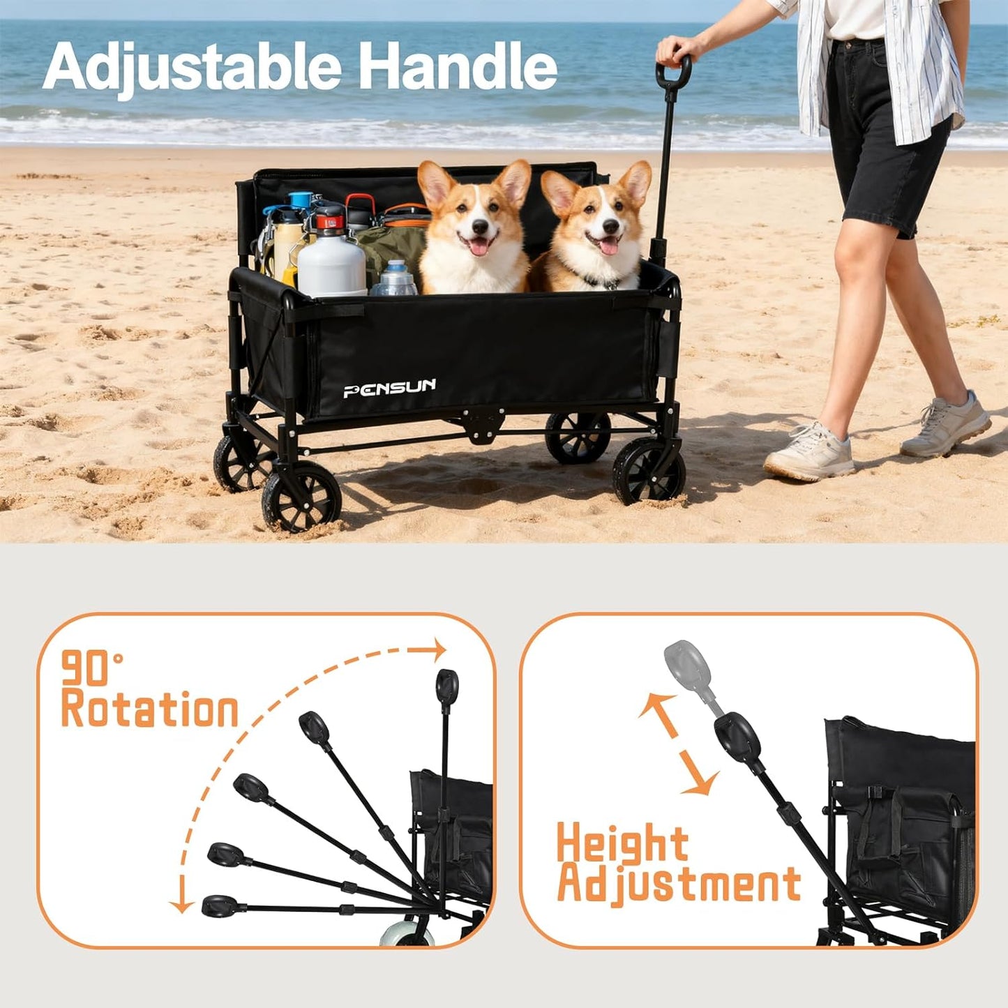 PENSUN 3-in-1 Foldable Wagon Convert to Bench, Collapsible Beach Wagon with Dual Wheel Sets - 550LBS Load Capacity, Outdoor Camping Cart Foldable Ideal for Camping, Beach, Garden, Shopping