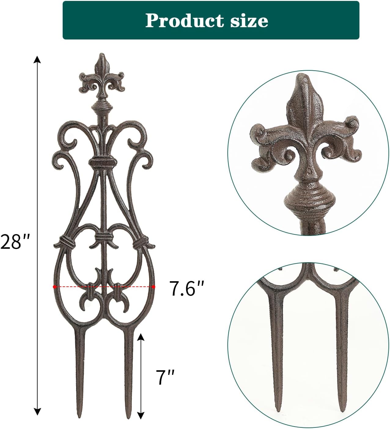 Sungmor Decorative Cast Iron Flower Bed Fence, 28" Tall Vintage Garden Edging Border, 4 Pack Heavy Duty Landscape Picket Fence Panels, Outdoor Plant Support Garden Stake, Victorian Yard Lawn Decor