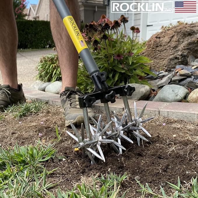 Rocklin Rotary Cultivator Tool - 60β Extra Long Handle - Reinforced Tines - Reseeding Grass or Soil Mixing - All Metal, No Plastic Structural Components - Cultivate Easily