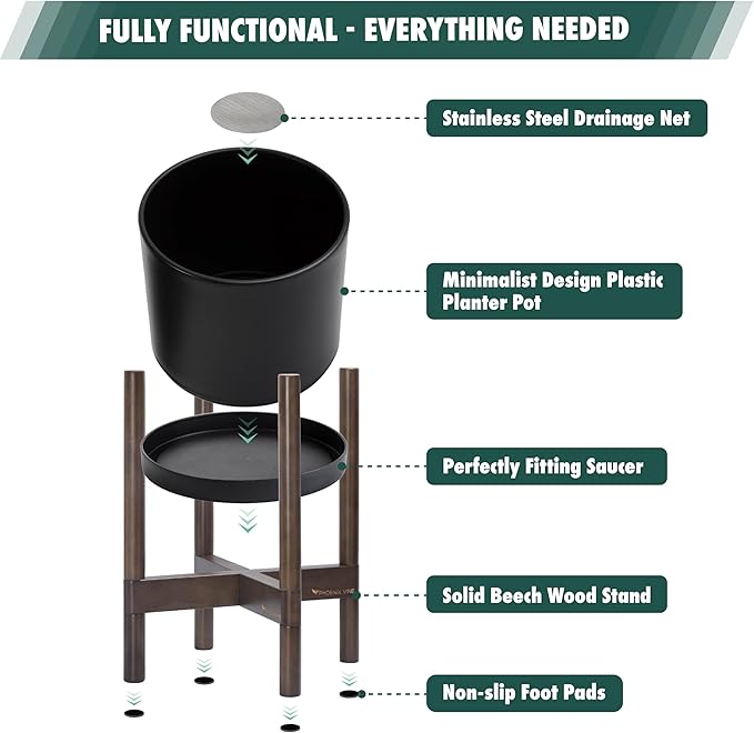 D'vine Dev Planter Pot with Stand - 8 Inch Plastic Cylinder Flower Pot with Wood Planter Holder for Indoor, Matte Black Pot + Walnut Color Stand, 55-C-I-2