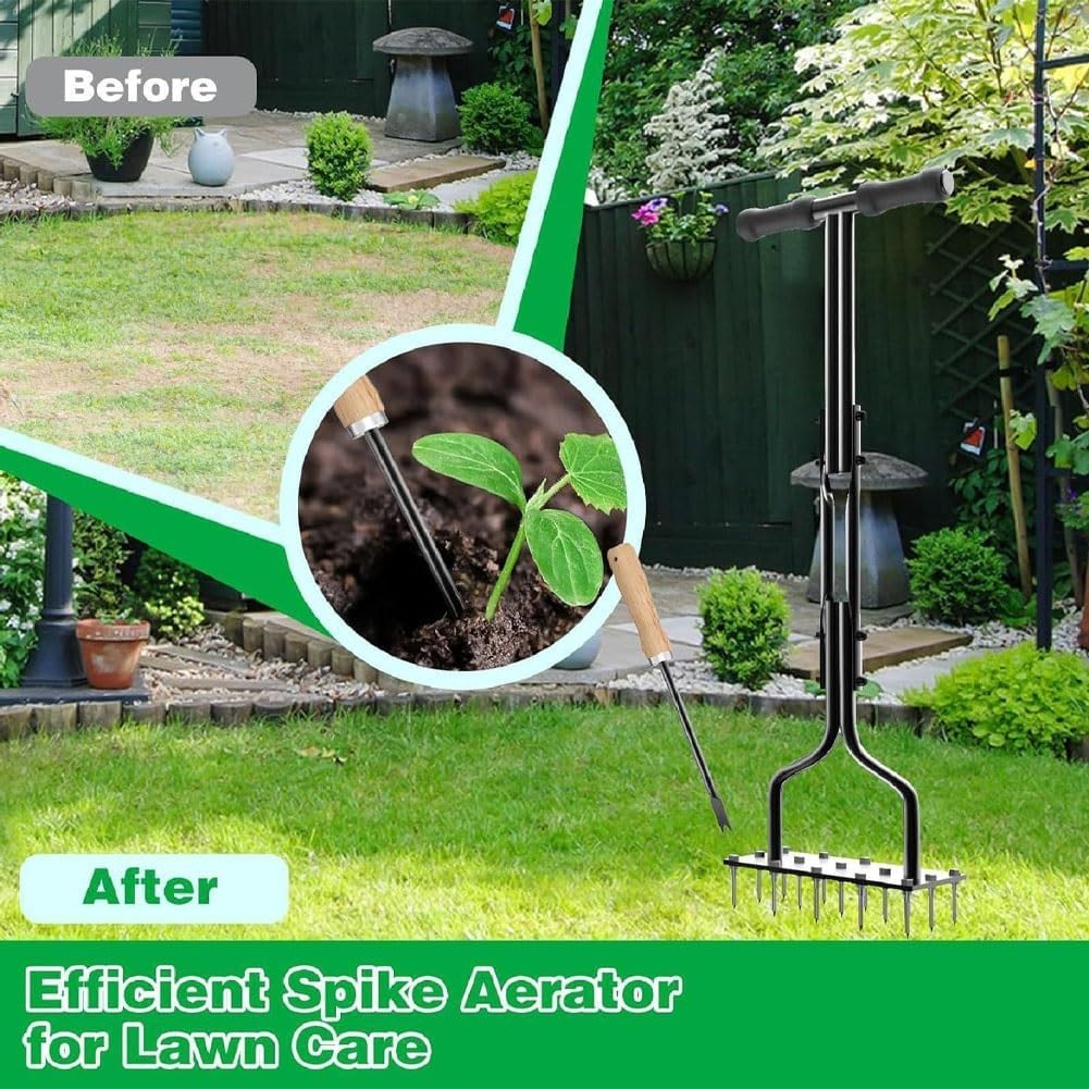 Lawn Aerator Tool, 2-in-1 Spike Manual Core Aerator Lawn Tool with 15 Iron Spikes, Gardening Hand Tools, Grass Plugger Yard Aerators for Garden Yard Lawns Soil Care, Revives Lawns Health(SpringLoaded)