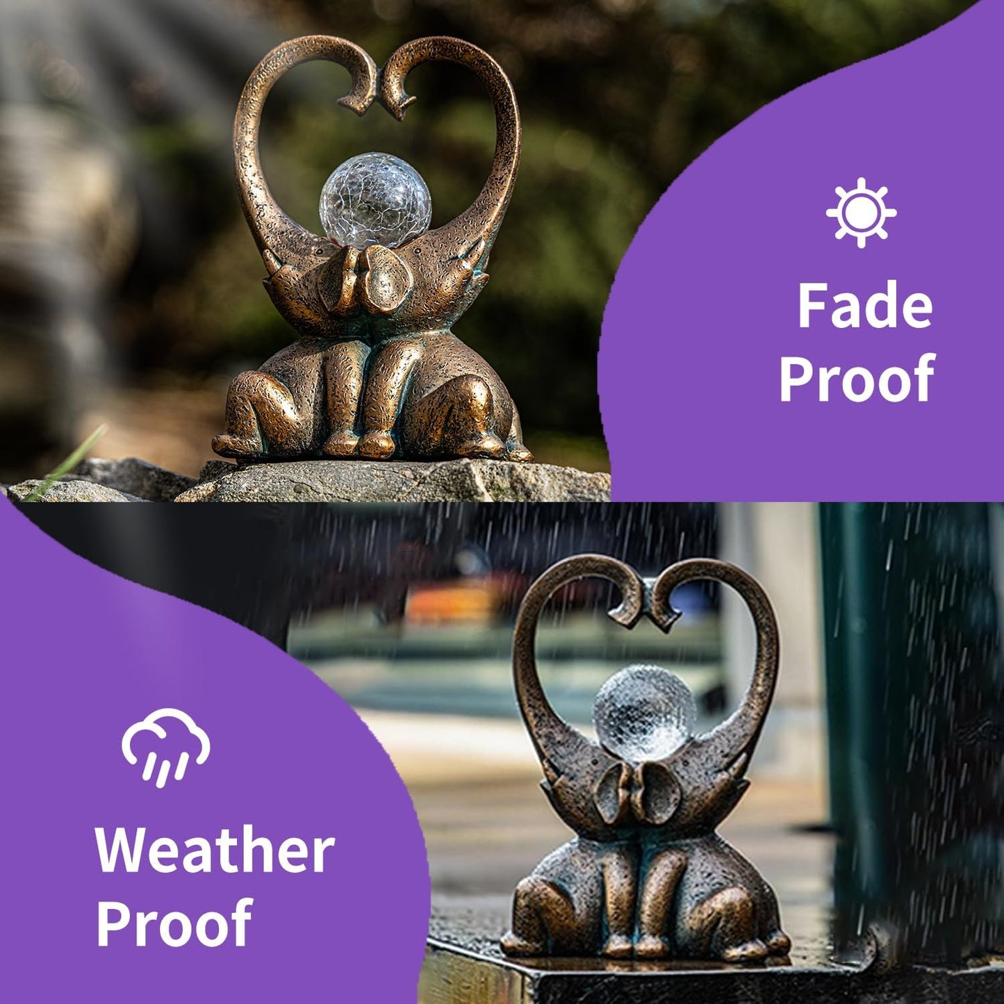 WHIMSYNOOK 7.9" Bronze Elephant Garden Statue with Heart-Shaped Trunks & Solar LED Light – Outdoor Decor for Porch, Lawn, Yard – Perfect Birthday, Housewarming Gifts for Mom and Elephant Lovers