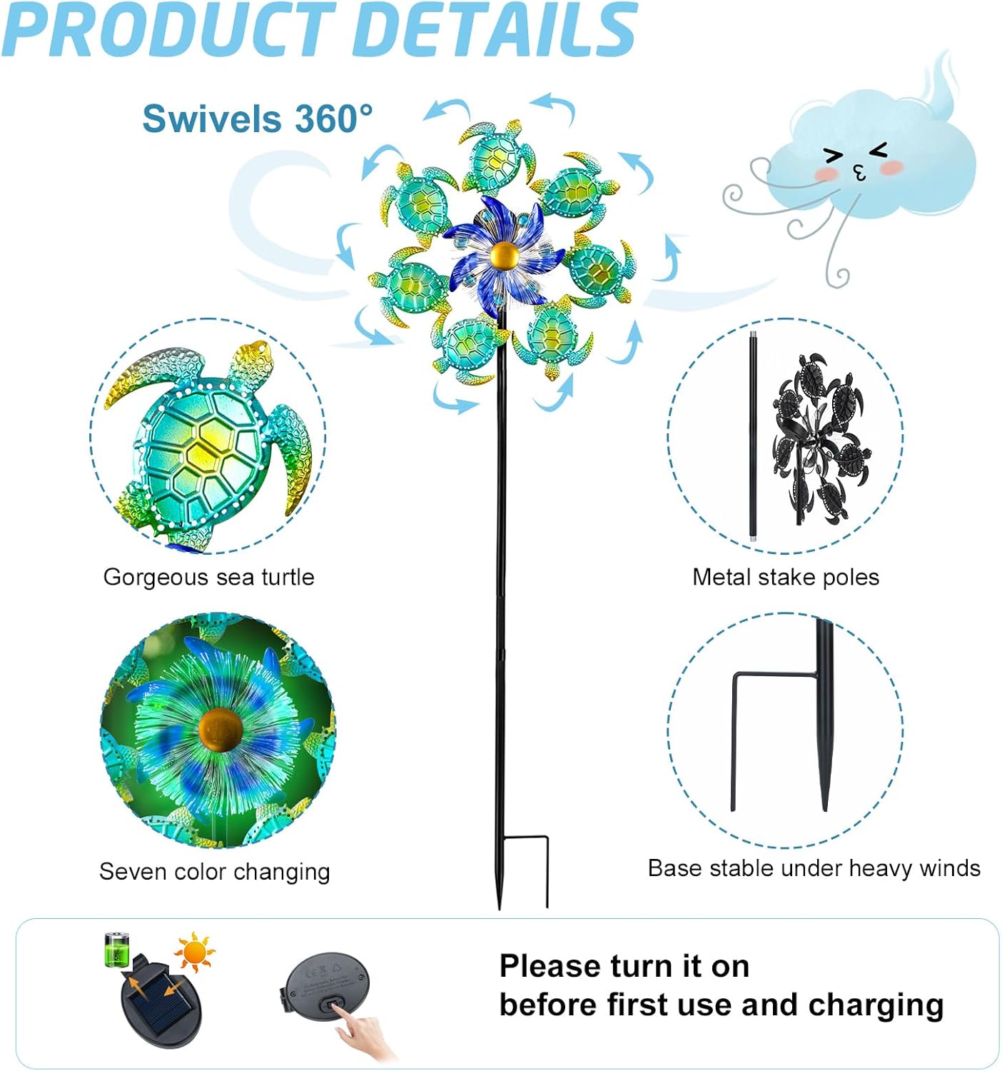Sea Turtle Outdoor Solar Wind Spinners for Yard - 51" Metal Wind Sculptures Garden Stake with Color Changing LED Lights 360° Windmill Kinetic Spinner for Lawn Patio Decor