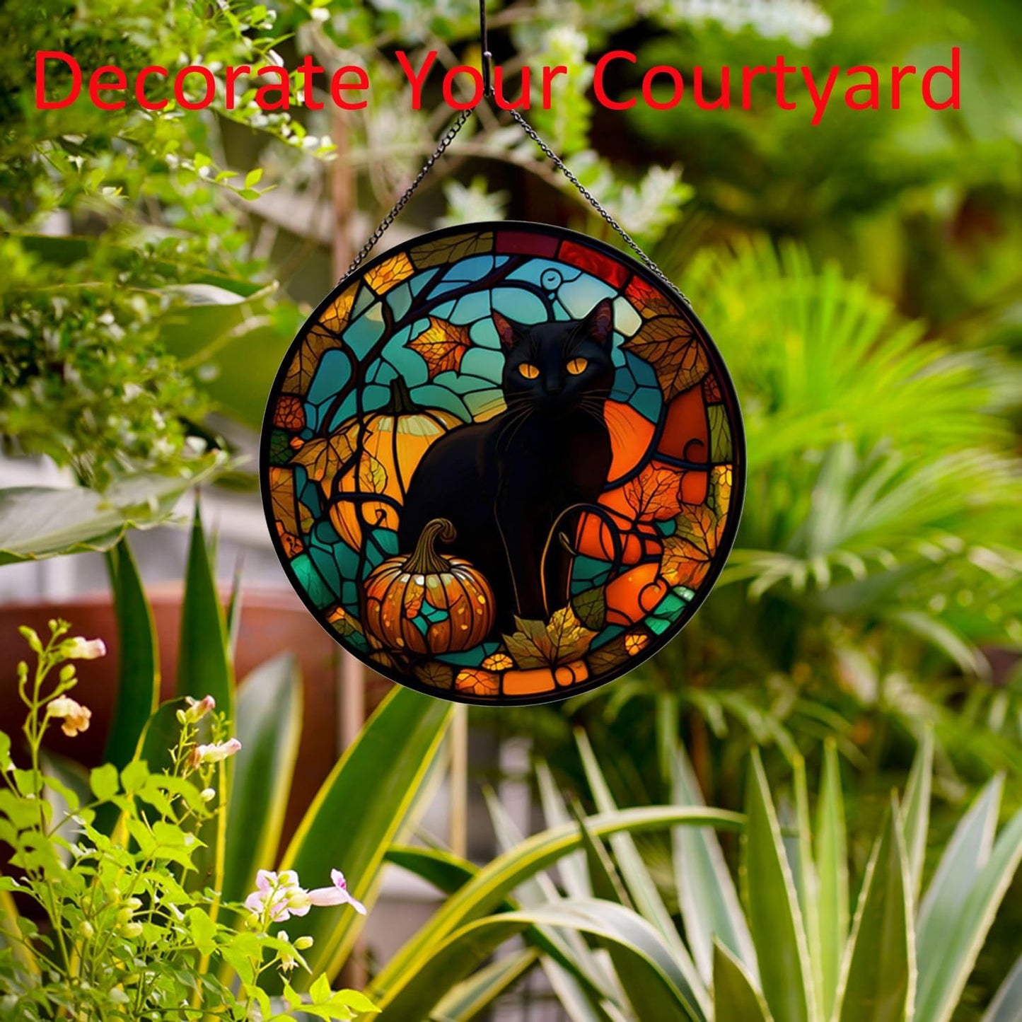 Black Cat Pattern Suncatcher Stained Glass,Hanging Stained Glass for Windows for Cat Lovers,20cm/7.87inch Hand-Painted Sun Catcher Garden Hangings Halloween Fall Christmas Decor for Home