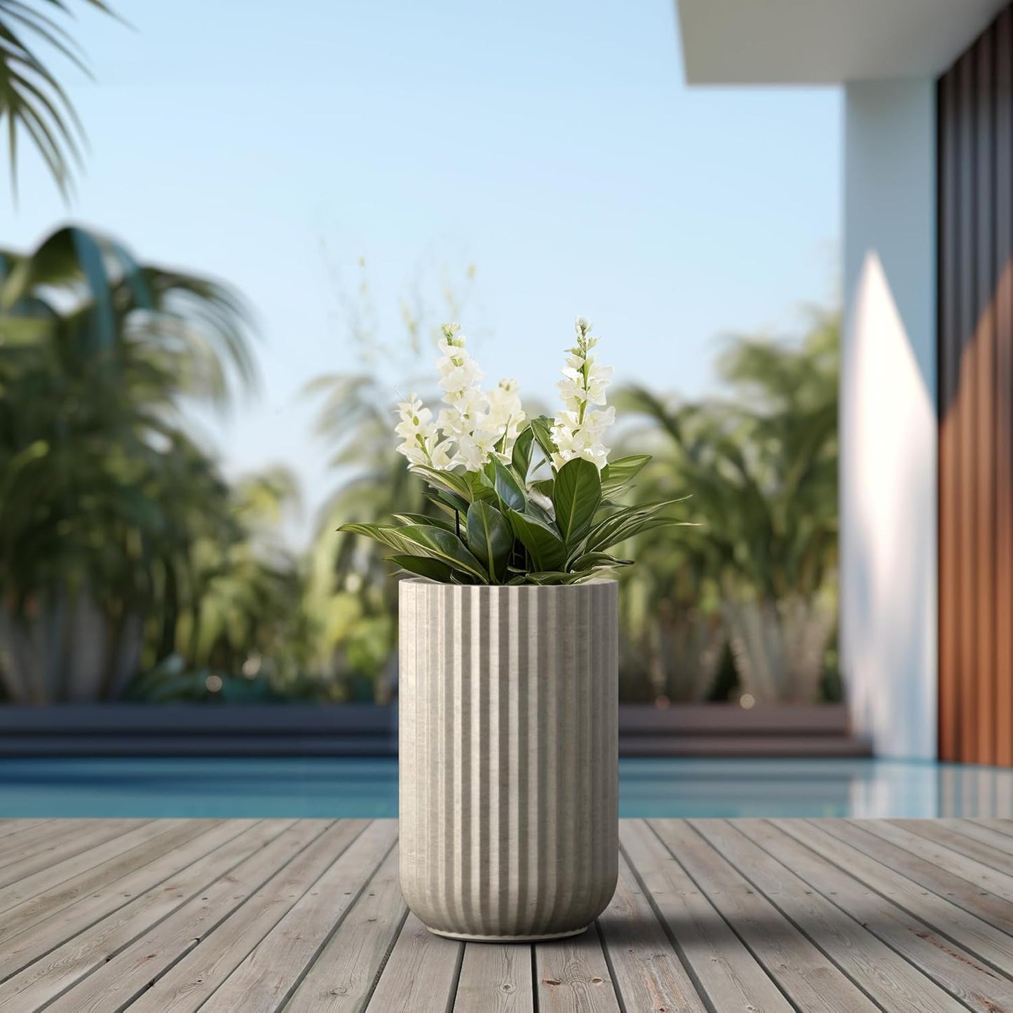 Kante Tall Fulted Planter, 17.7 Inch Tall Round Concrete Plant Pots with Drainage Hole and Rubber Plug, Modern Decor for Indoor Outdoor Plants, Flower, Weathered Concrete